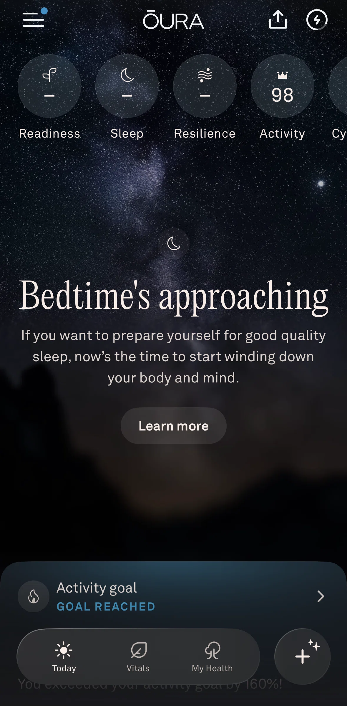 Oura Screen screen in the Learn more about bedtime flow