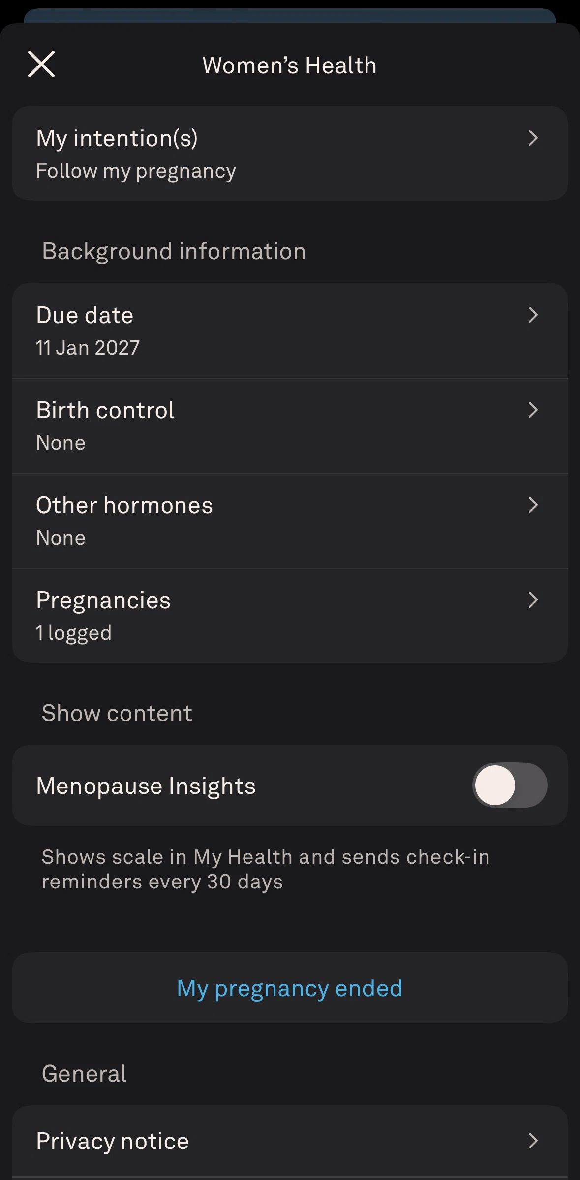 Oura Screen screen in the Logged pregnancies flow