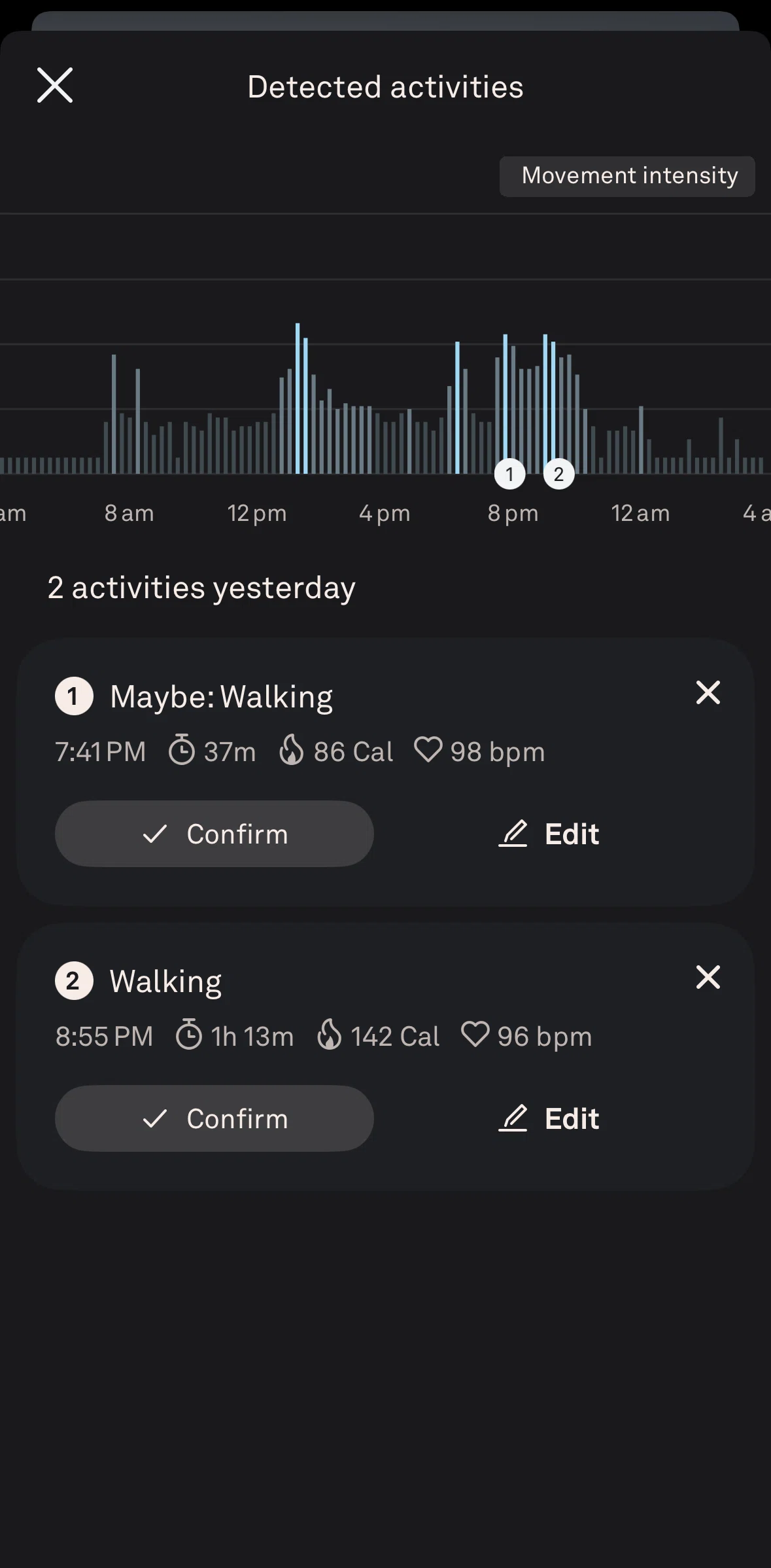 Oura Screen screen in the Logging a detected activity (confirm) flow