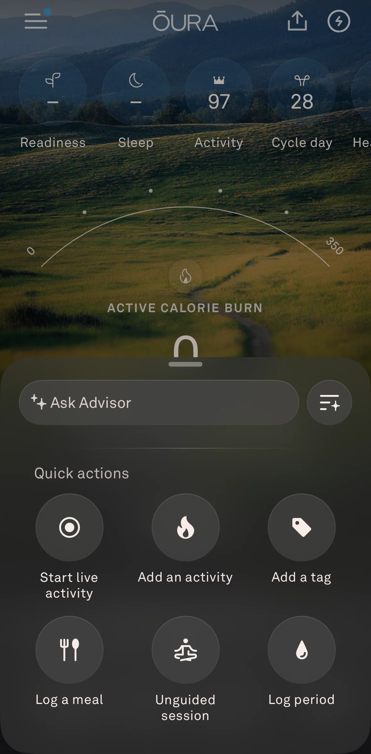 Oura Screen screen in the Logging an unguided session flow