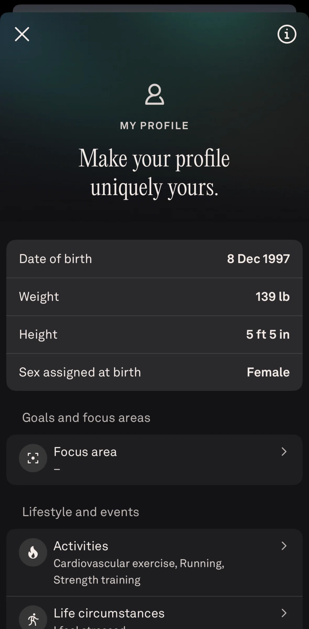Oura Screen screen in the Profile information flow