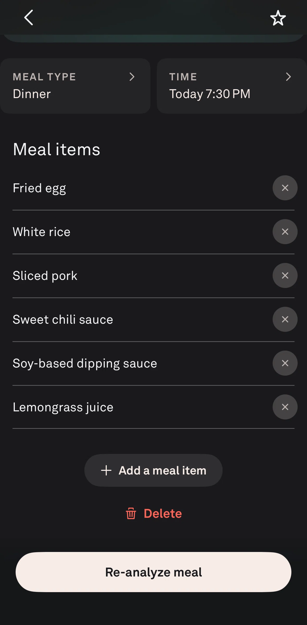 Oura Screen screen in the Re-analyzing a meal flow