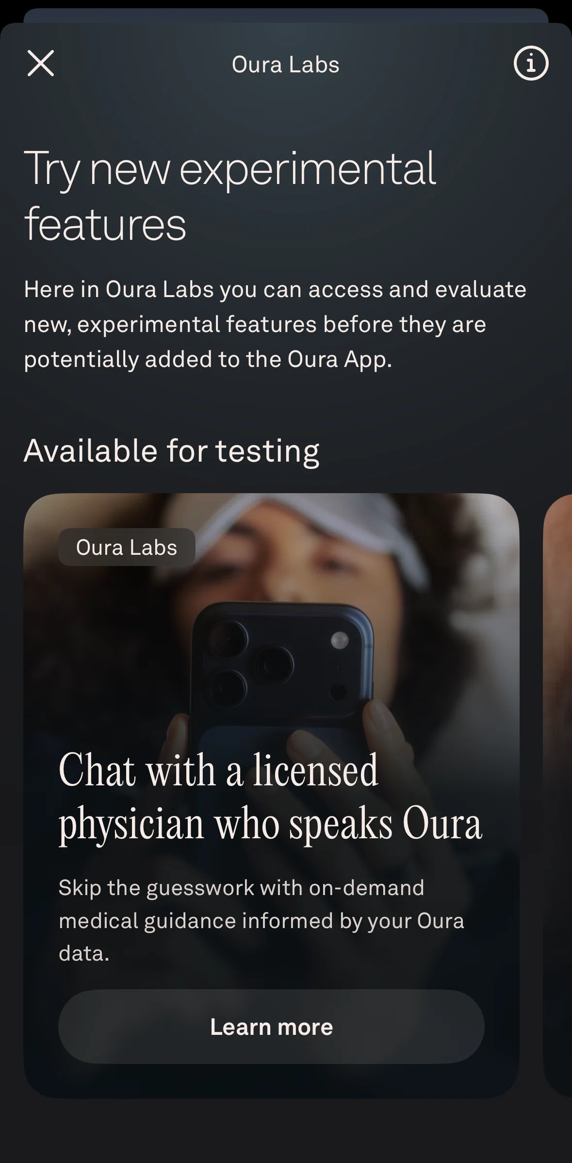 Oura Screen screen in the Registering for Oura Labs testing flow