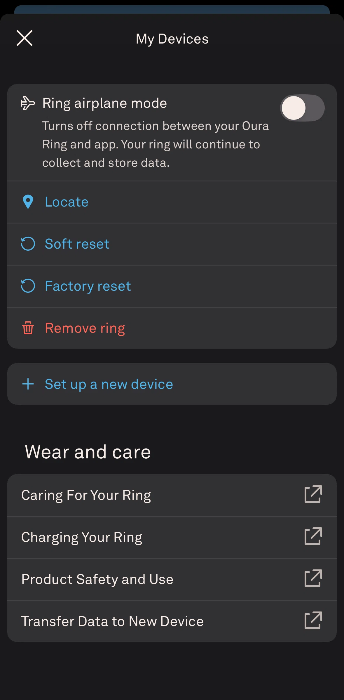 Oura Screen screen in the Removing a ring flow
