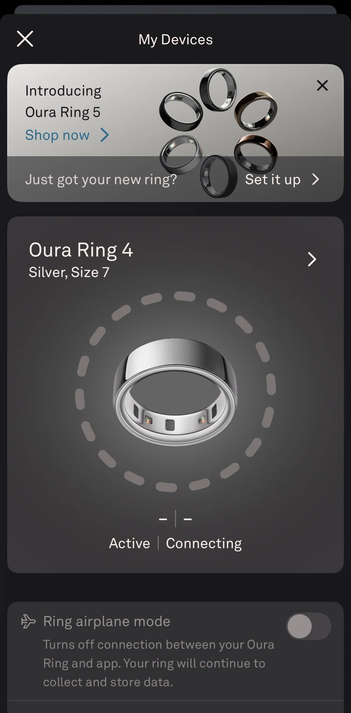 Oura Screen screen in the Set up a new ring flow