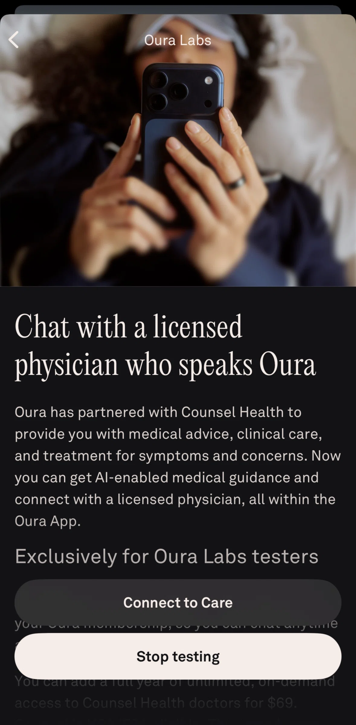 Oura Screen screen in the Setting up Oura Labs testing flow