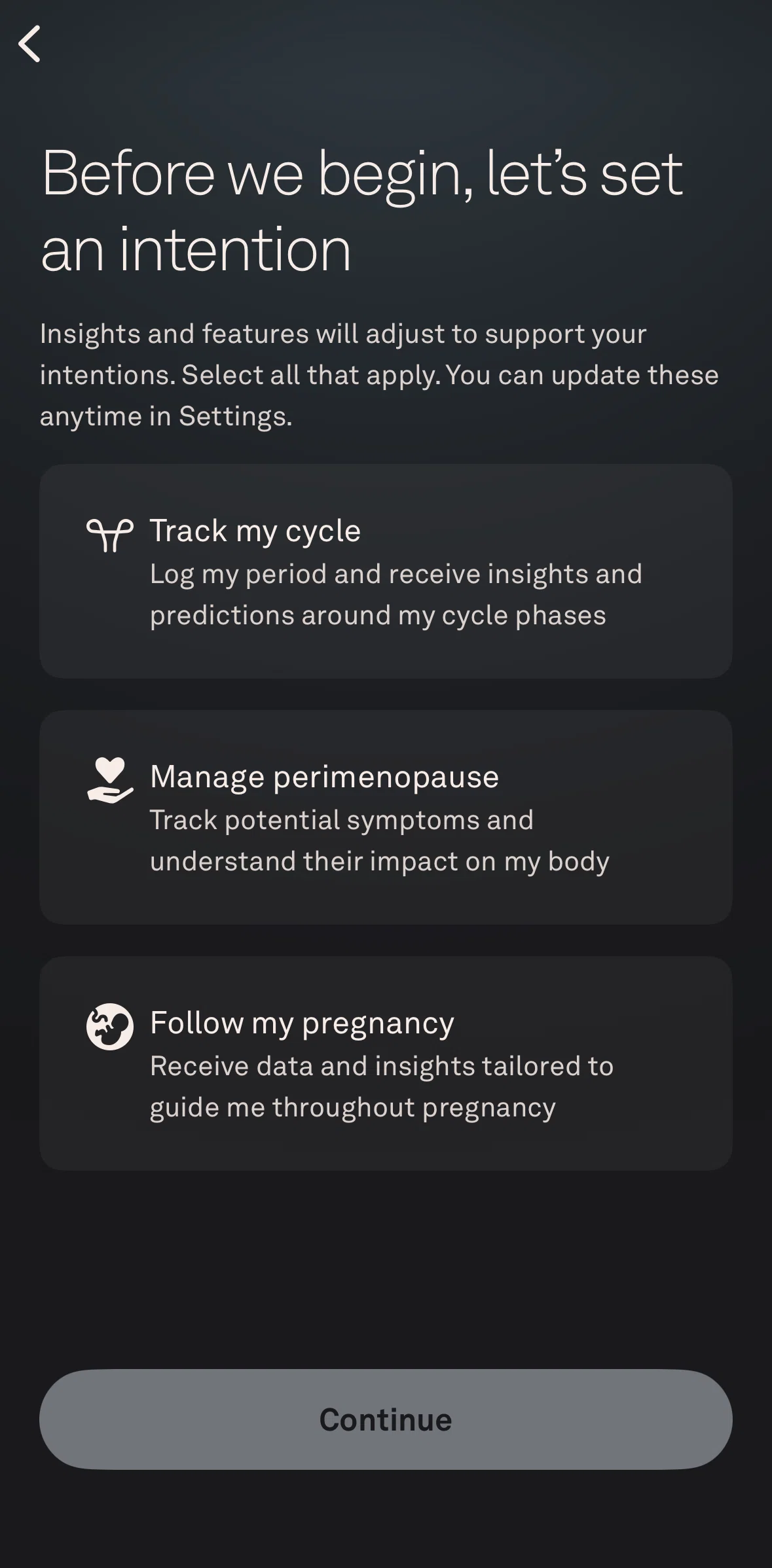 Oura Screen screen in the Setting up women's health tracker (pregnancy) flow