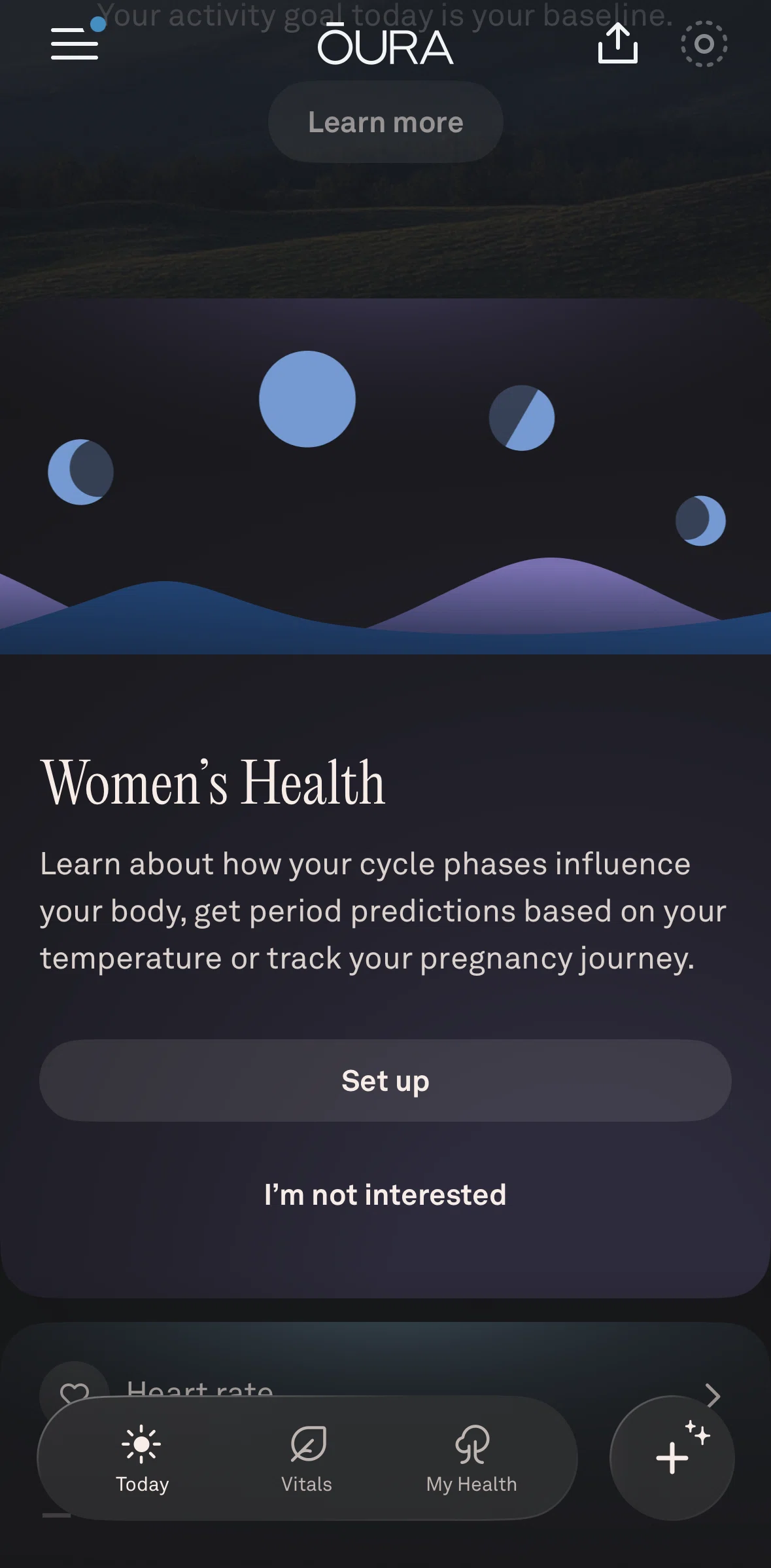 Oura Screen screen in the Setting up women's health tracker (track cycle) flow