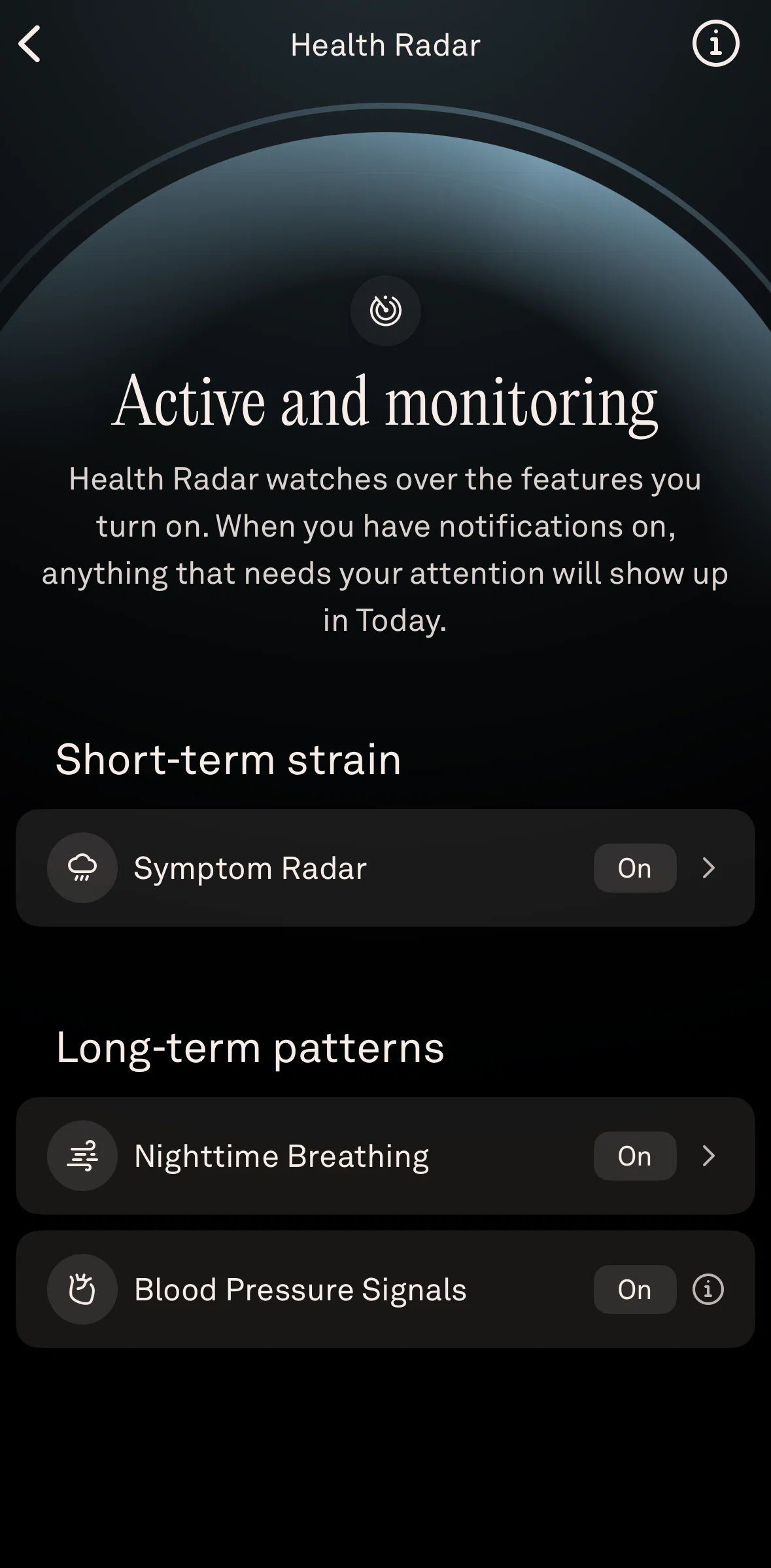 Oura Screen screen in the Symptom radar flow
