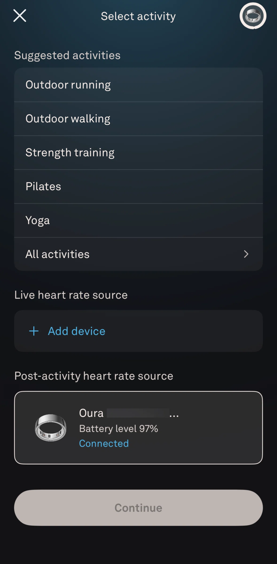 Oura Screen screen in the Tracking a live activity (outdoor walking) flow