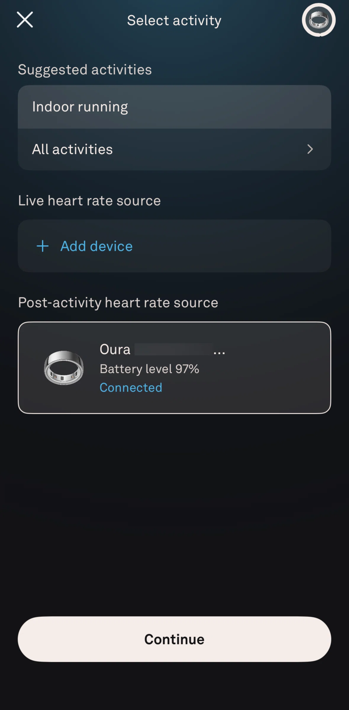 Oura Screen screen in the Tracking a live activity (with live heart rate) flow