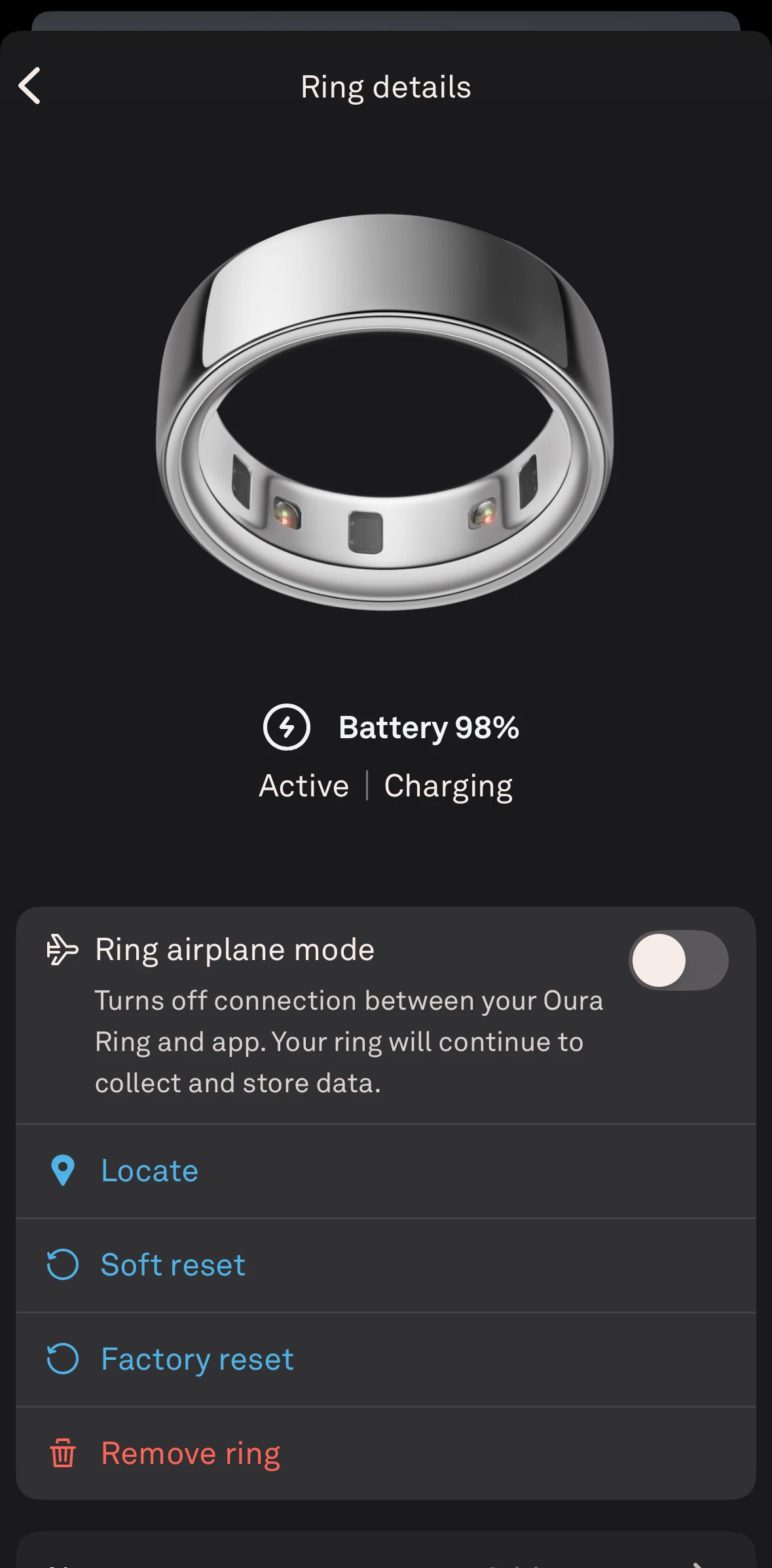 Oura Screen screen in the Turning on airplane mode flow