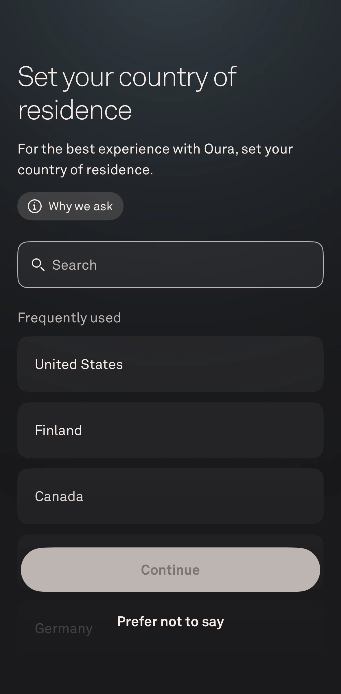 Oura Screen screen in the Why we ask flow