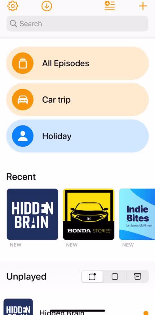 Overcast Home screen in the Listening flow