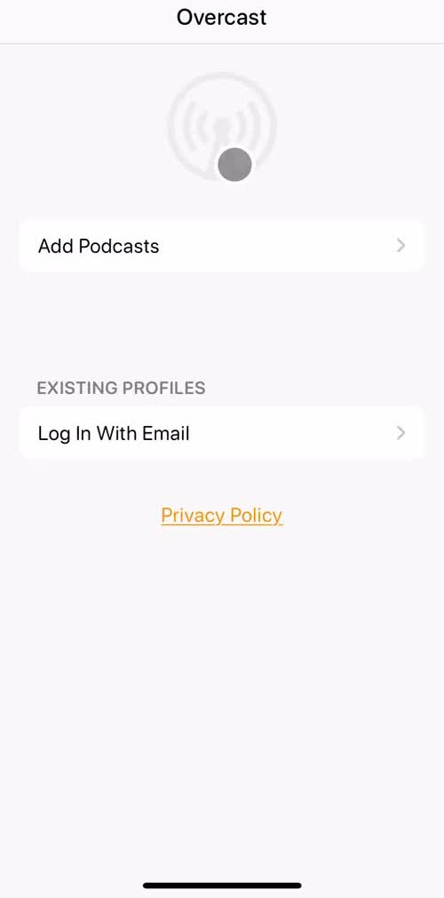 Overcast Start screen screen in the Onboarding flow
