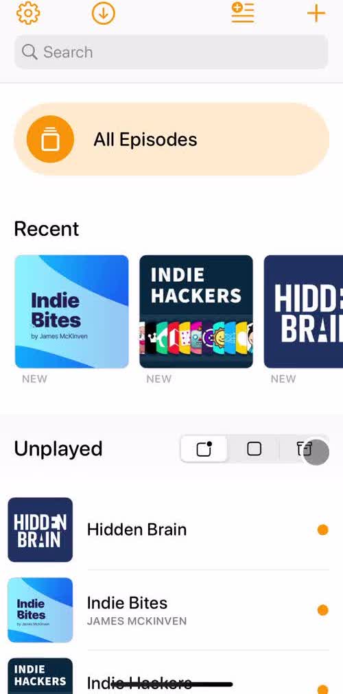 Overcast Home screen in the Searching flow