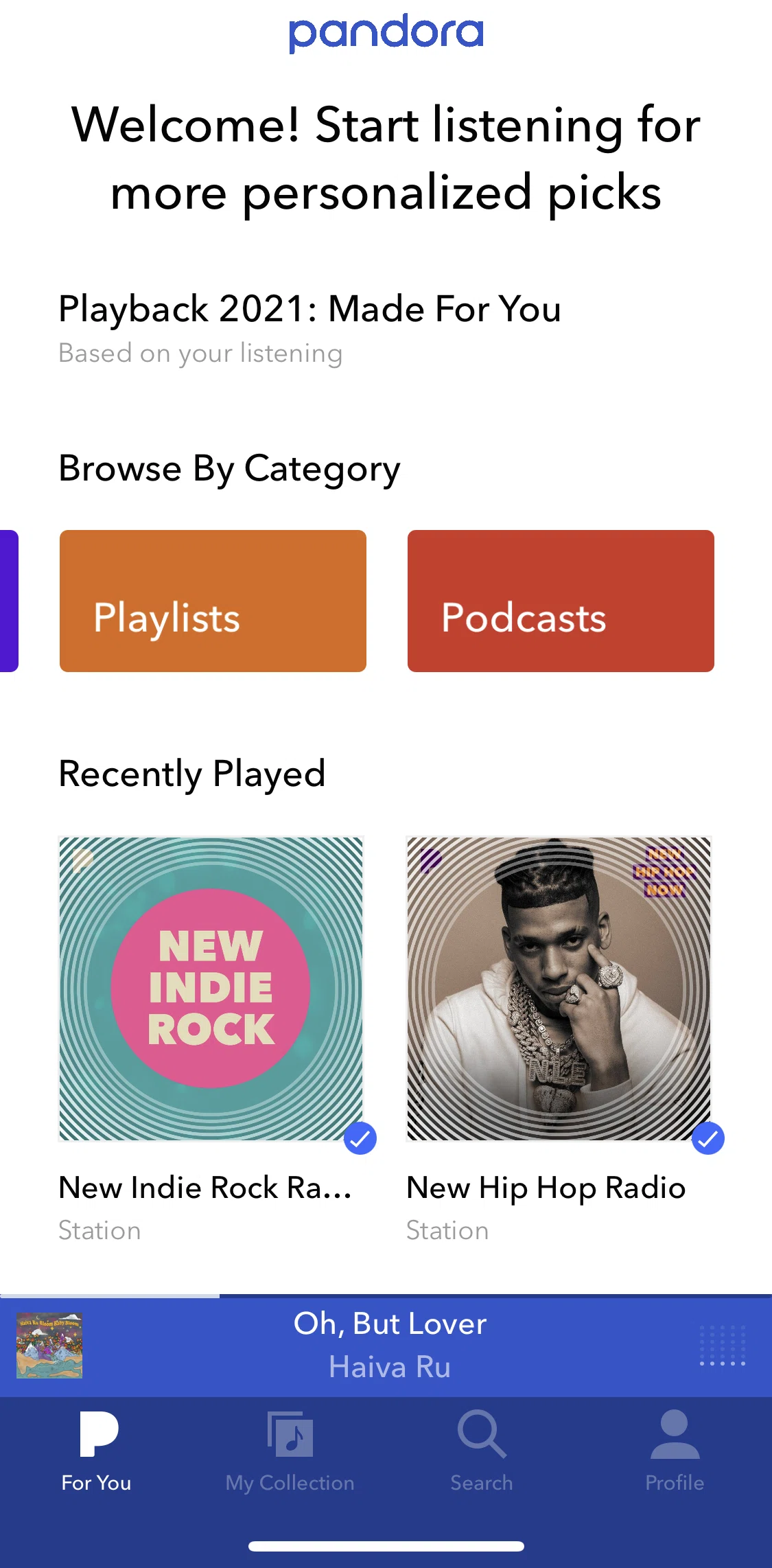 Pandora Screen screen in the Podcasts flow