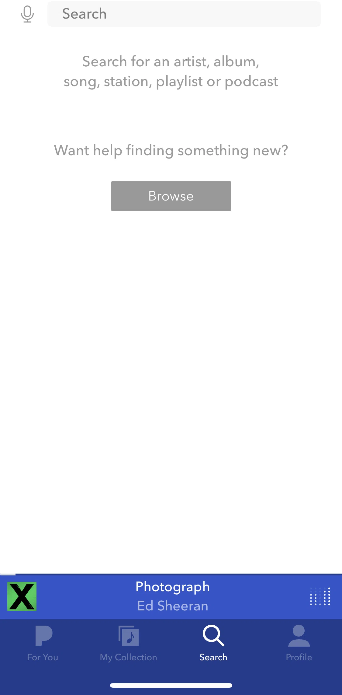 Pandora Screen screen in the Searching for songs, artists or podcasts flow