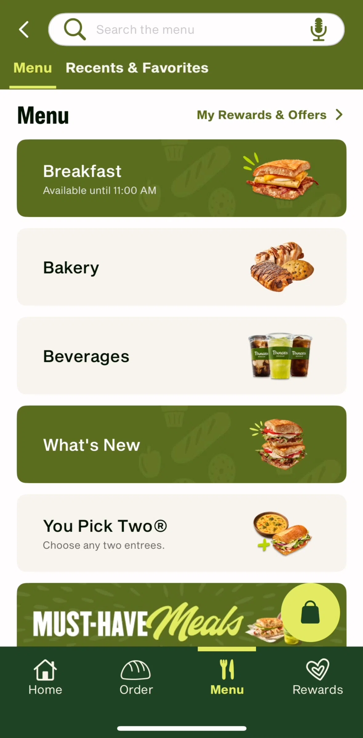 Panera Bread Screen screen in the Browse menu by category flow