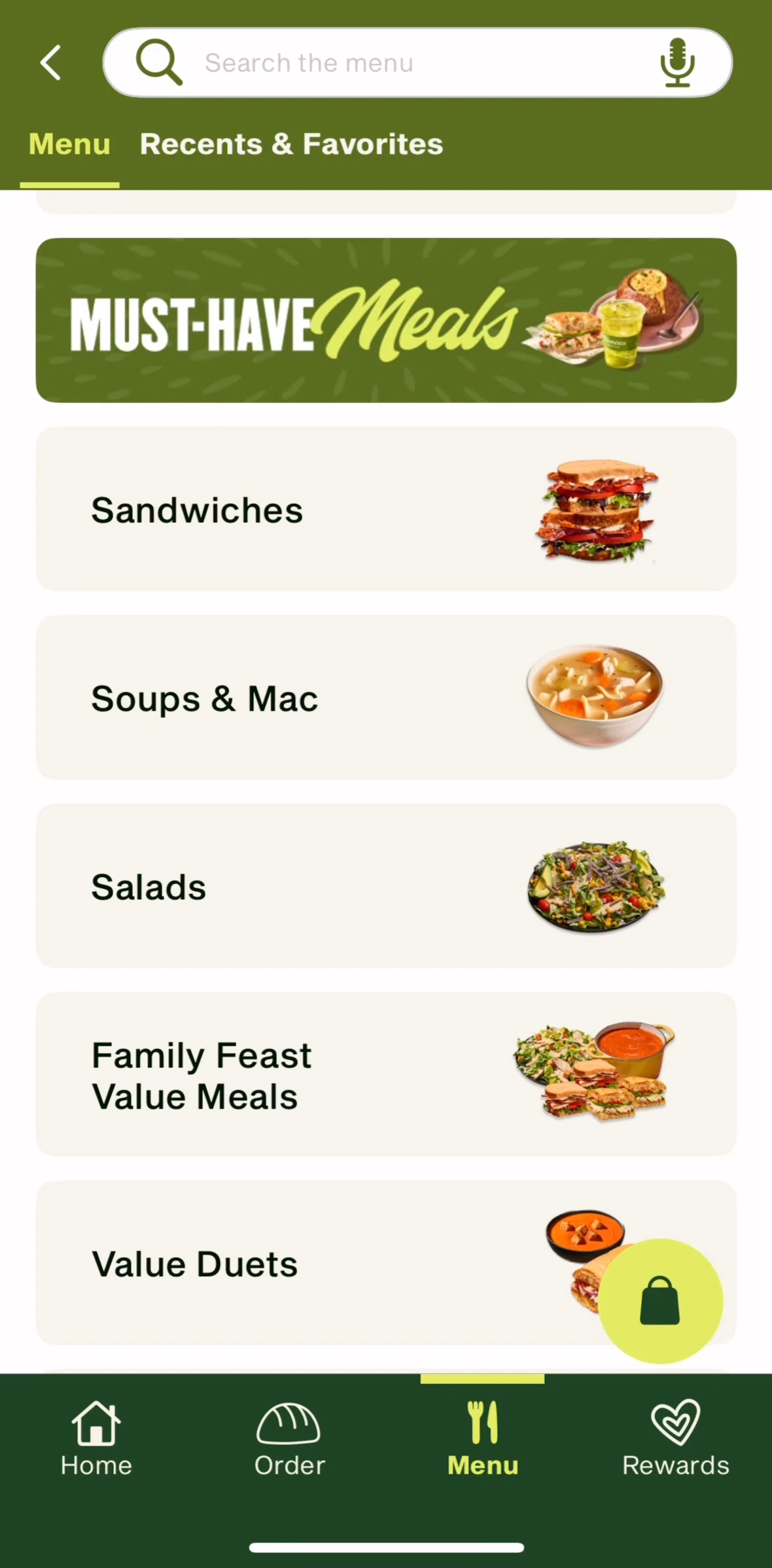 Panera Bread Screen screen in the Browse menu (must-have meals) flow