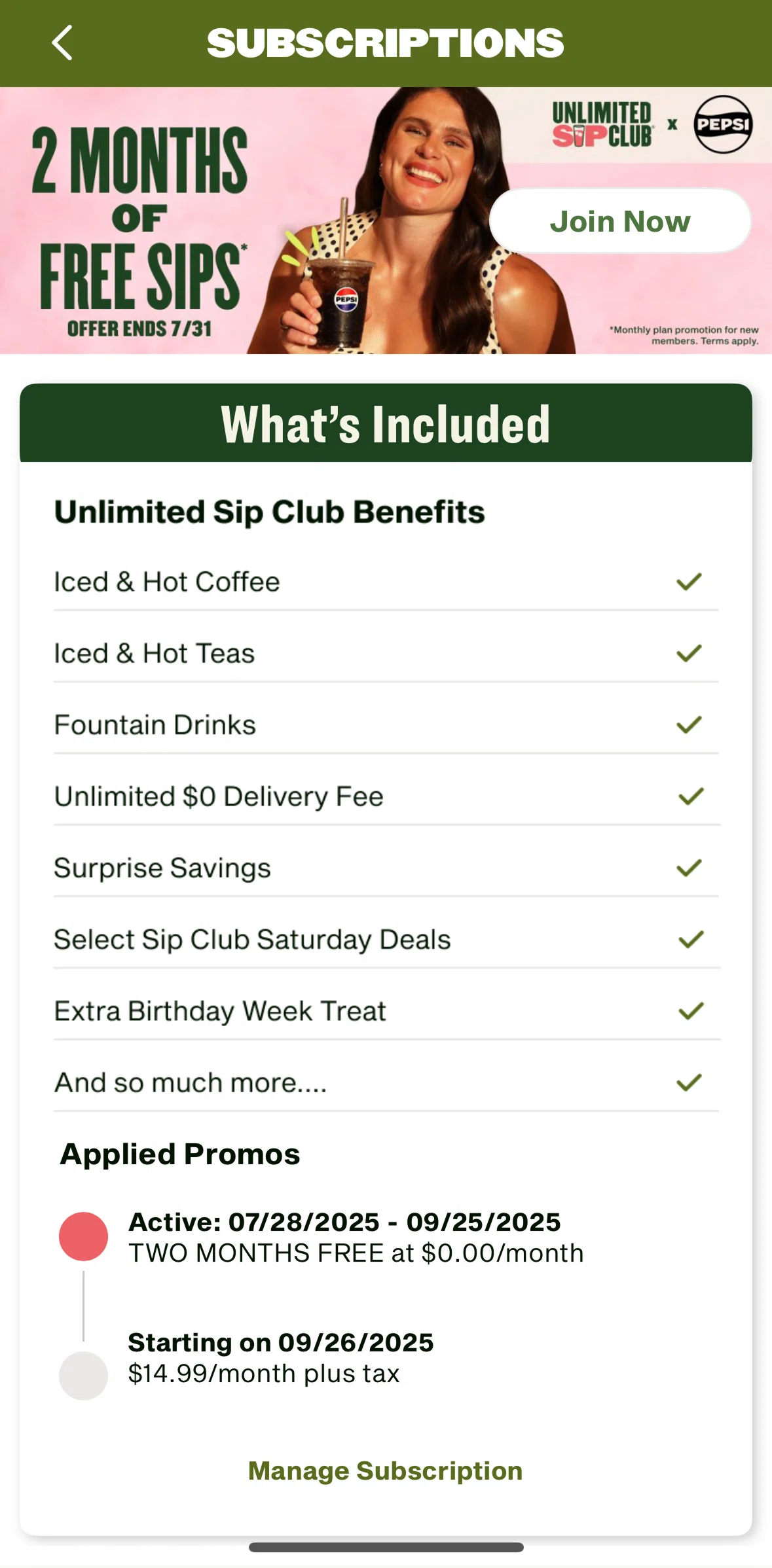 Panera Bread Screen screen in the Canceling subscription flow