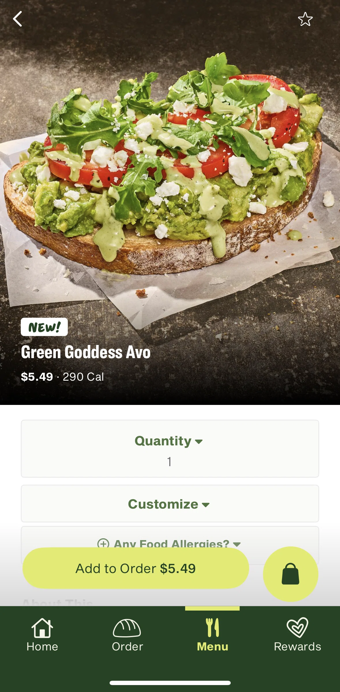 Panera Bread Screen screen in the Customize meal flow