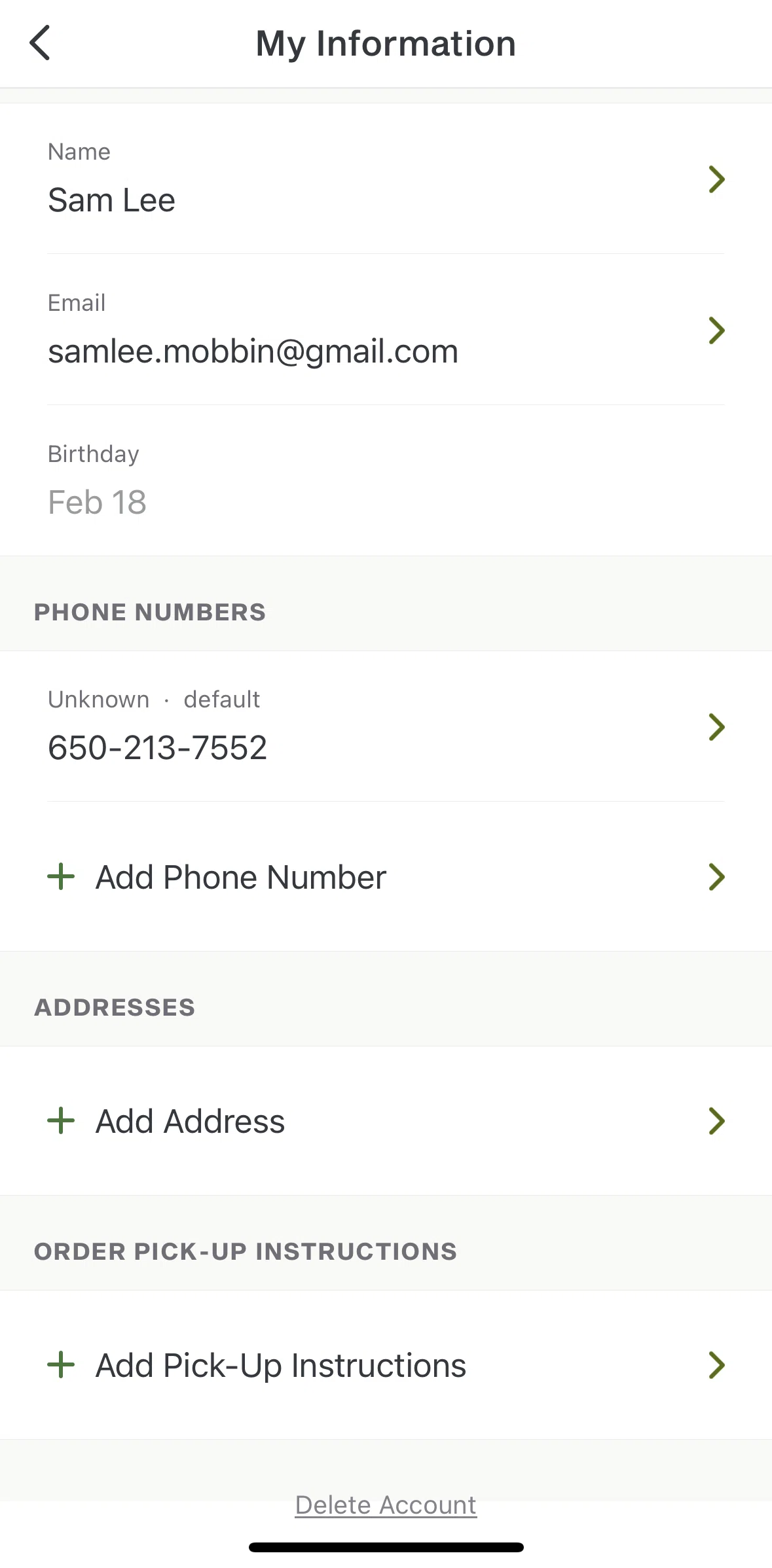 Panera Bread Screen screen in the Delete account flow