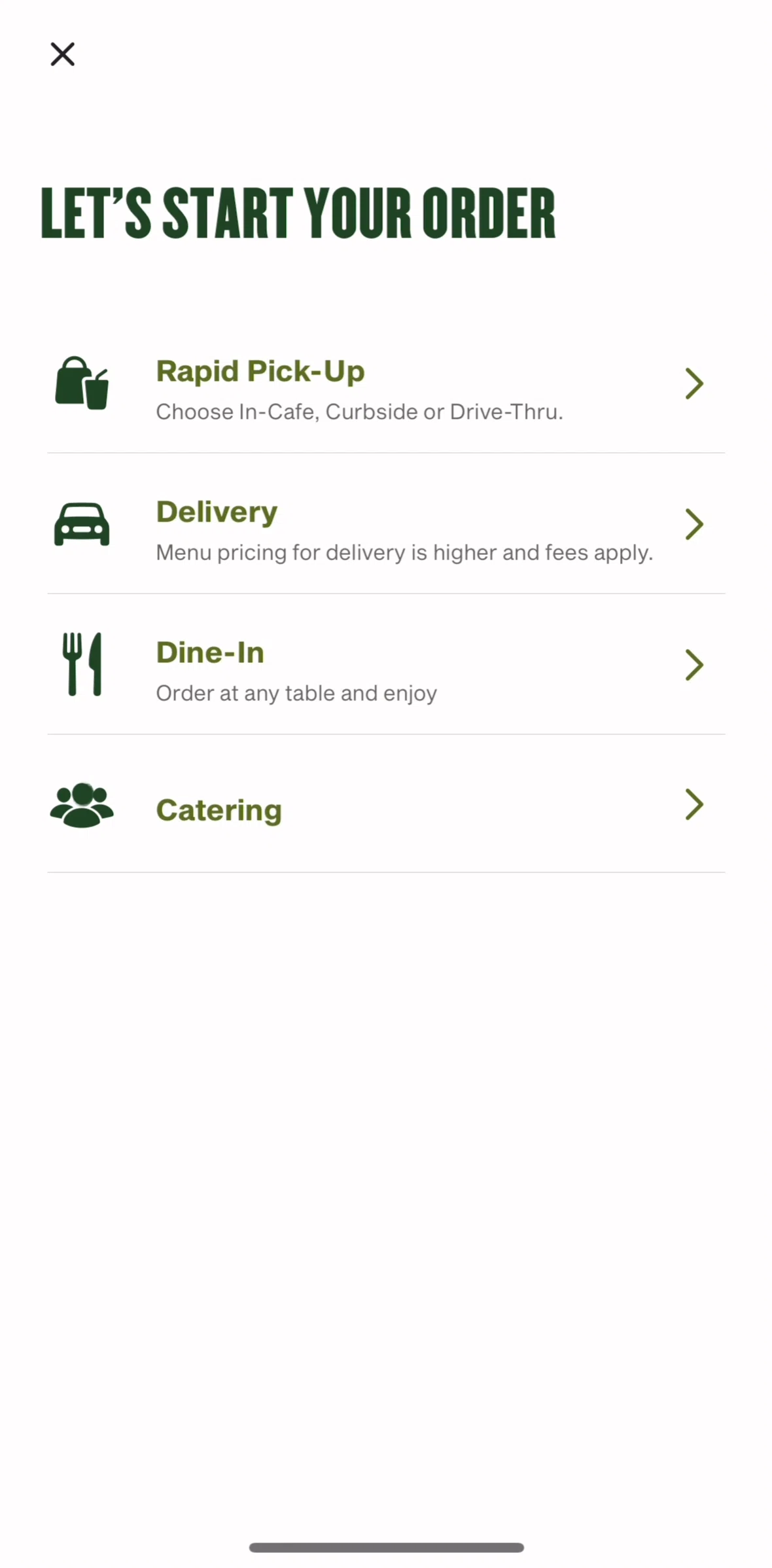 Panera Bread Screen screen in the Delivery order flow