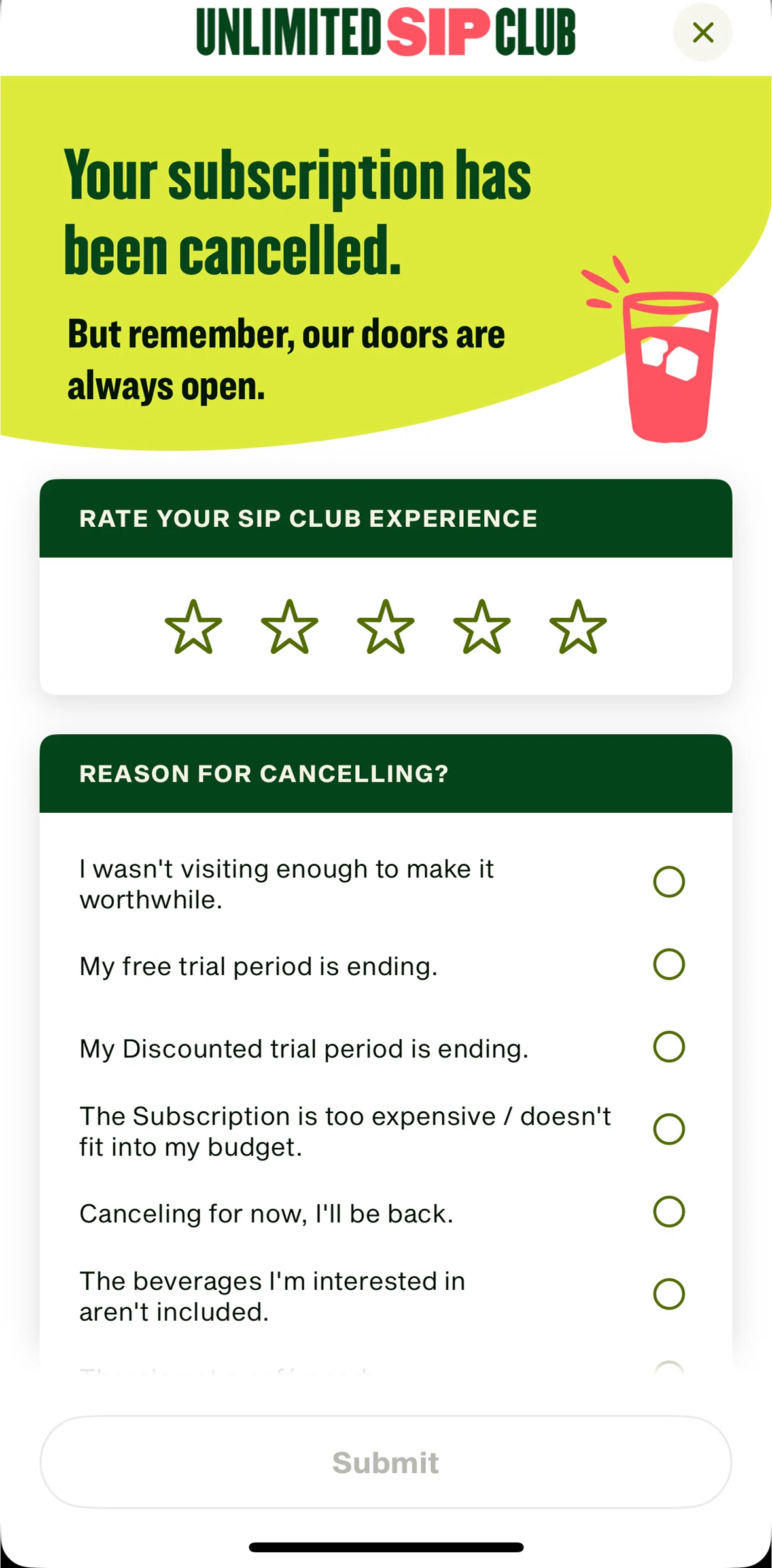 Panera Bread Screen screen in the Giving feedback (subscription) flow