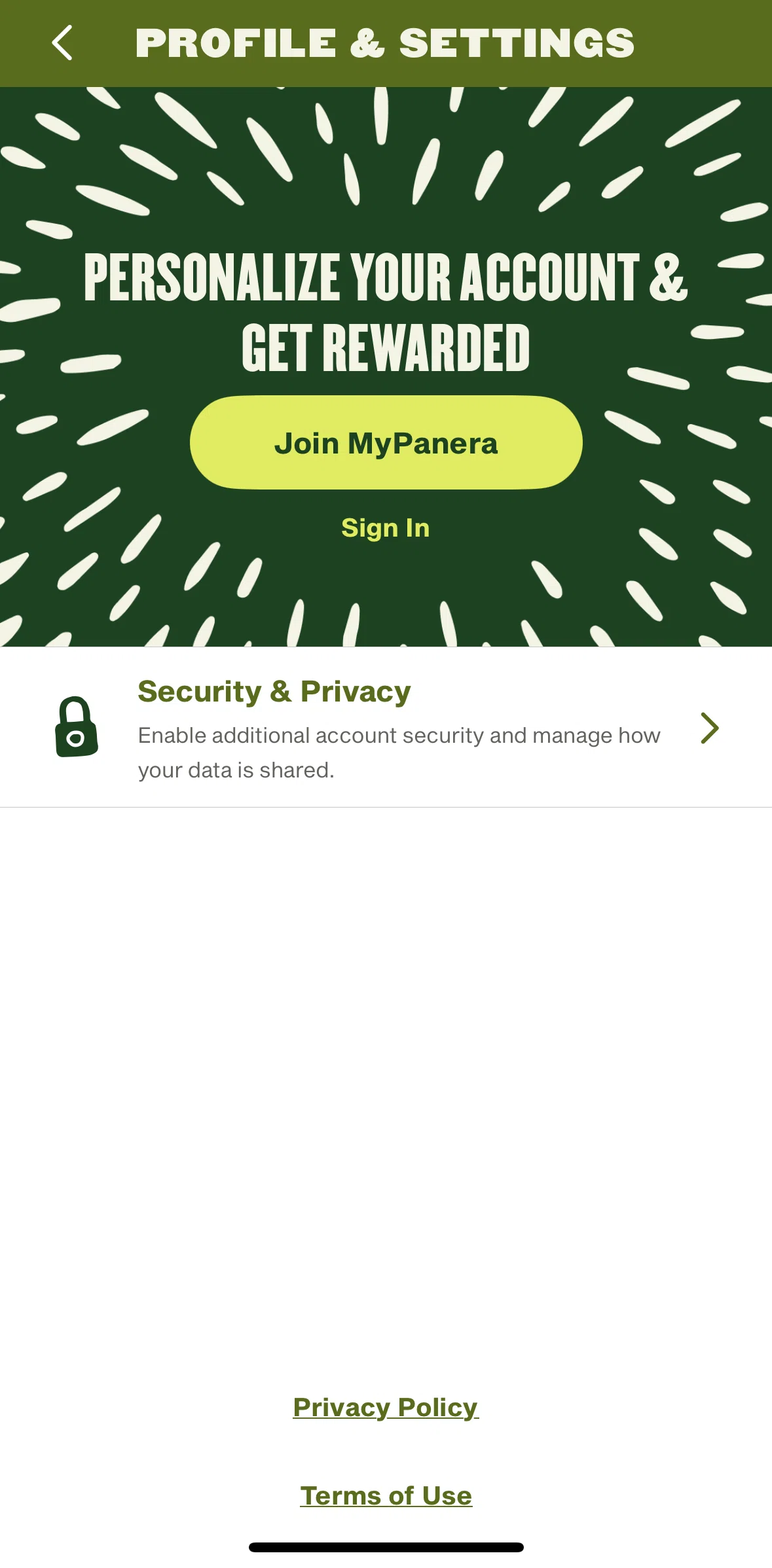 Panera Bread Screen screen in the Logging in flow