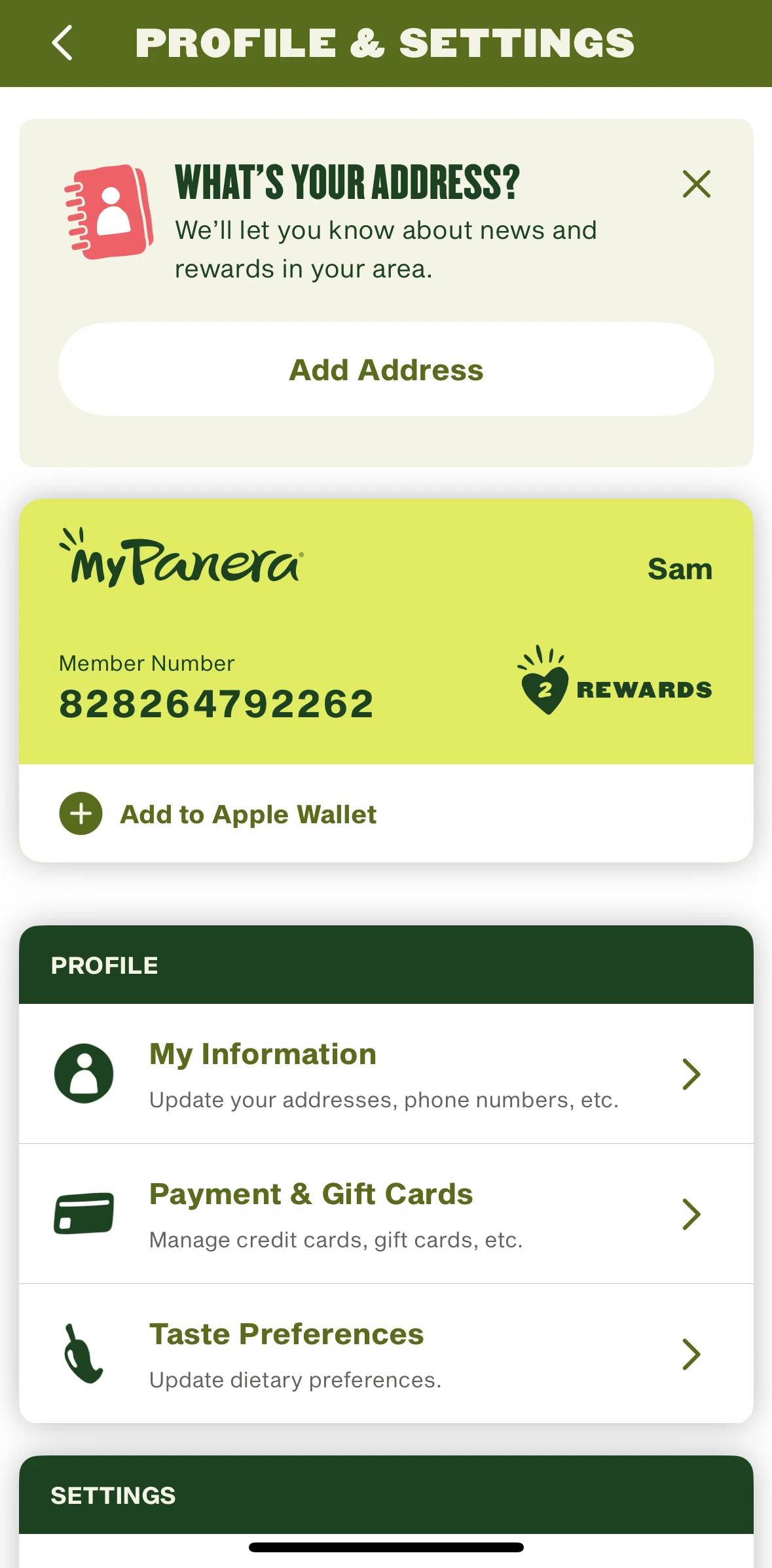 Panera Bread Screen screen in the Payment and gift cards flow
