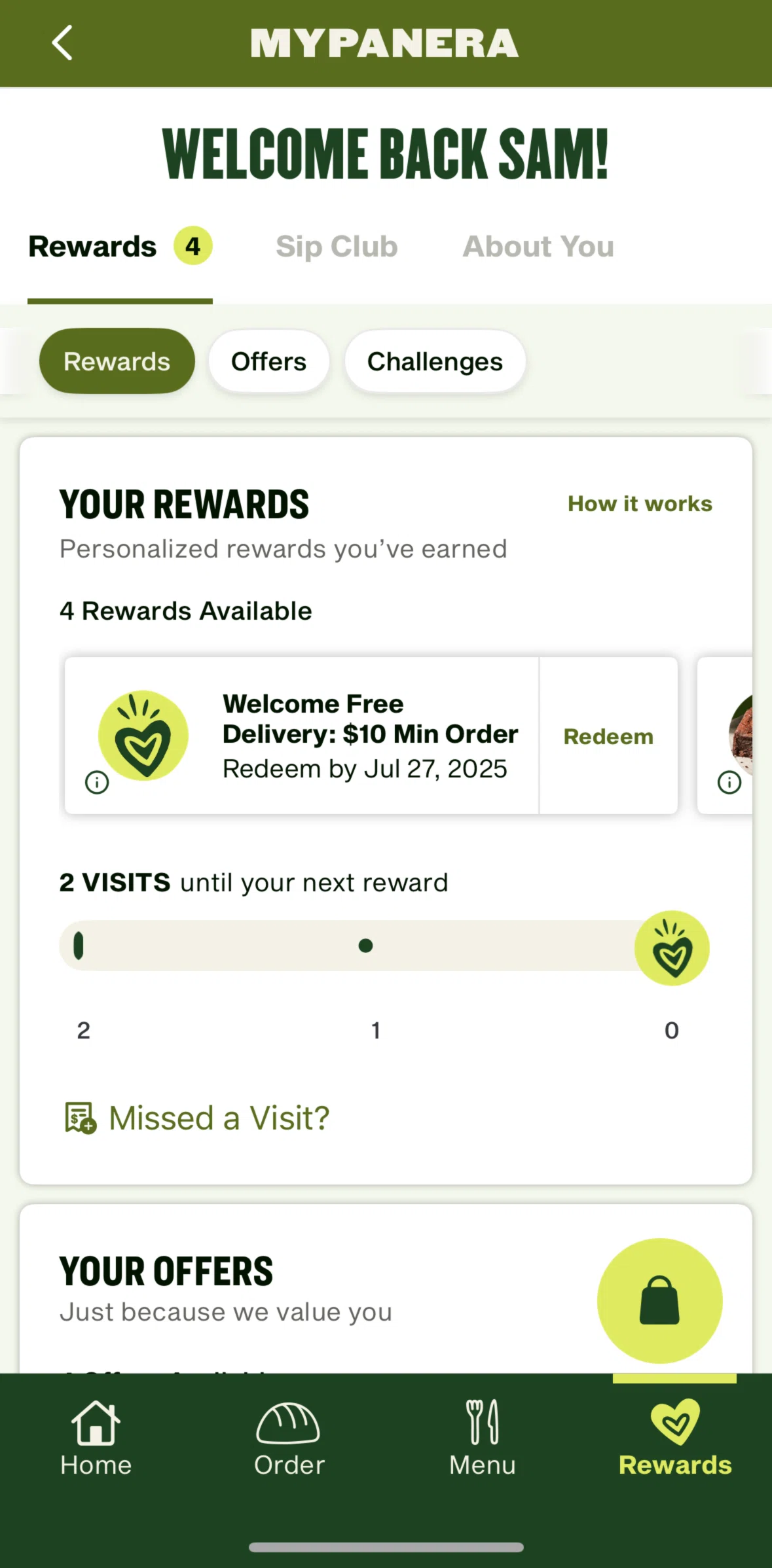 Panera Bread Screen screen in the Redeem code from a visit flow