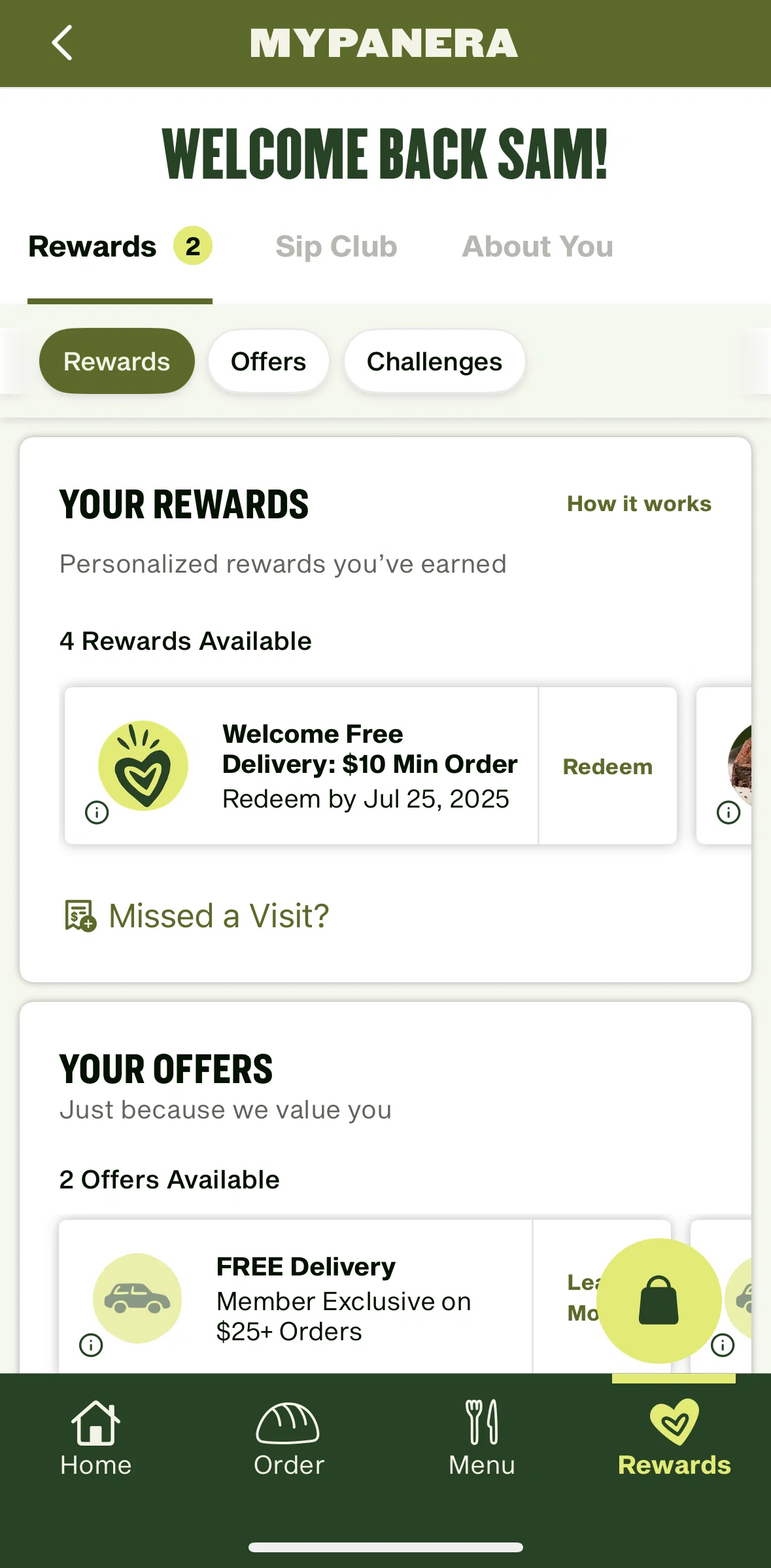 Panera Bread Screen screen in the Rewards information flow