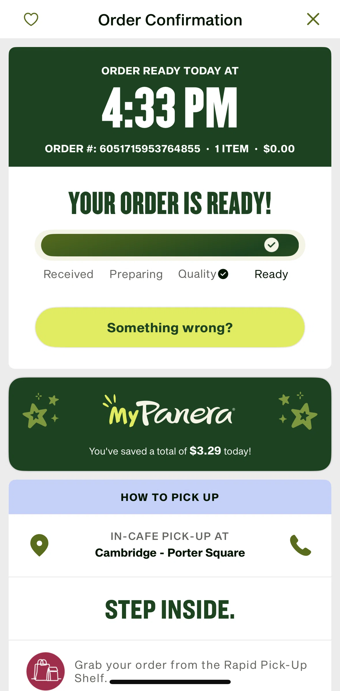 Panera Bread Screen screen in the Saving a meal flow