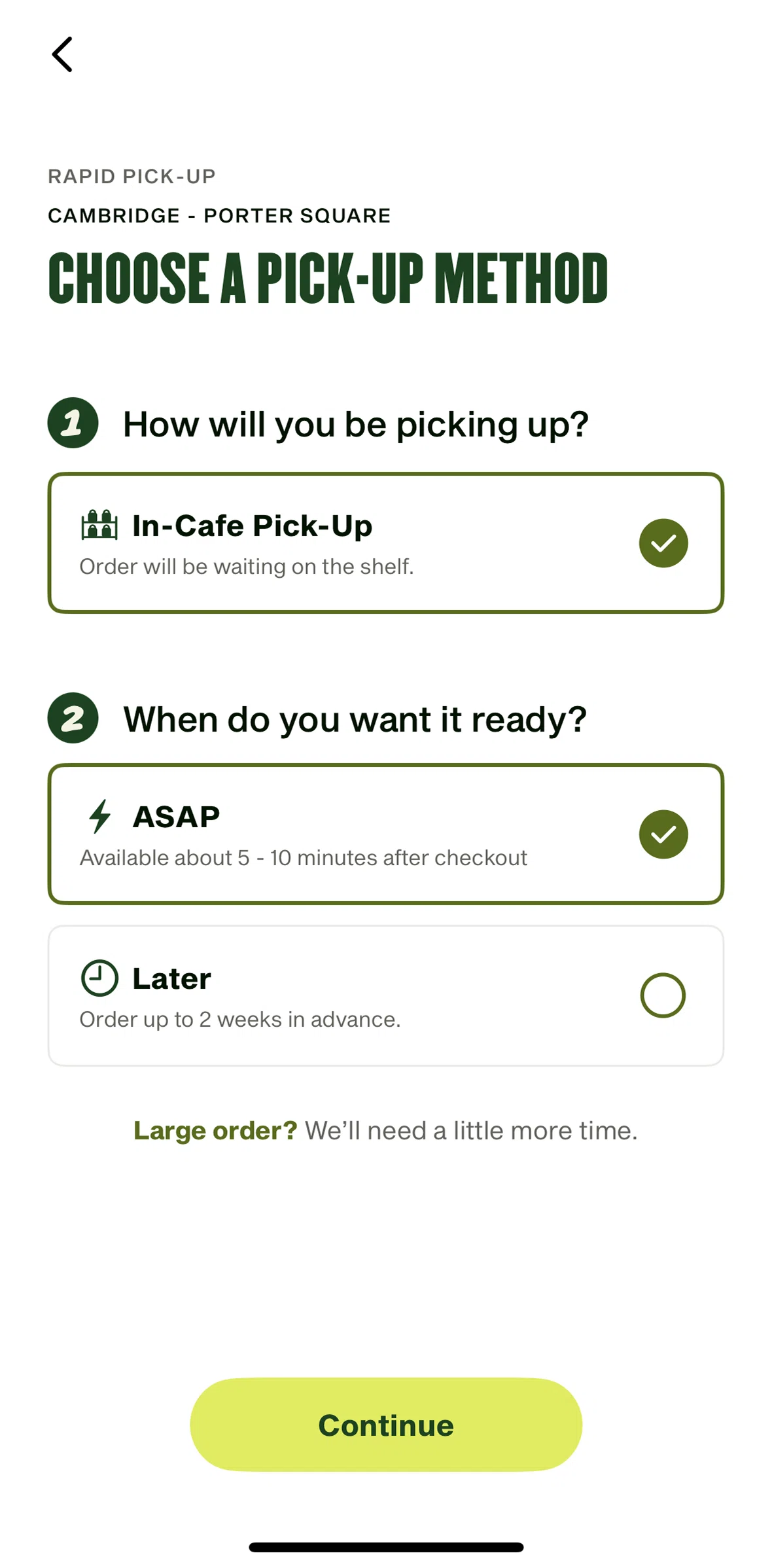 Panera Bread Screen screen in the Scheduling pickup time flow