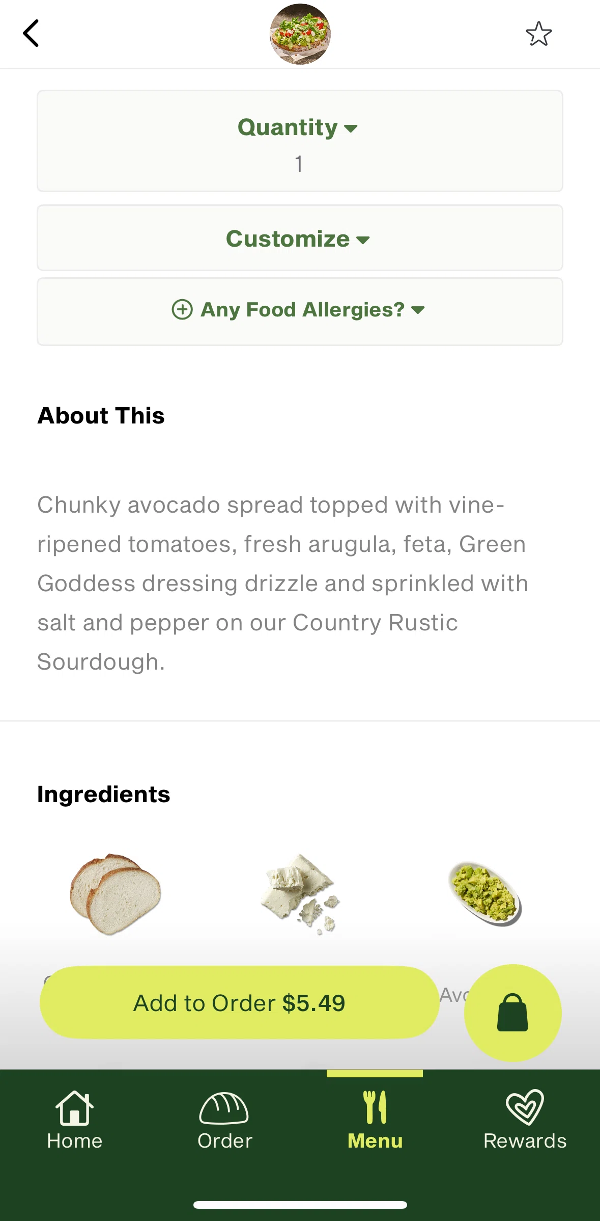 Panera Bread Screen screen in the Selecting food allergens flow