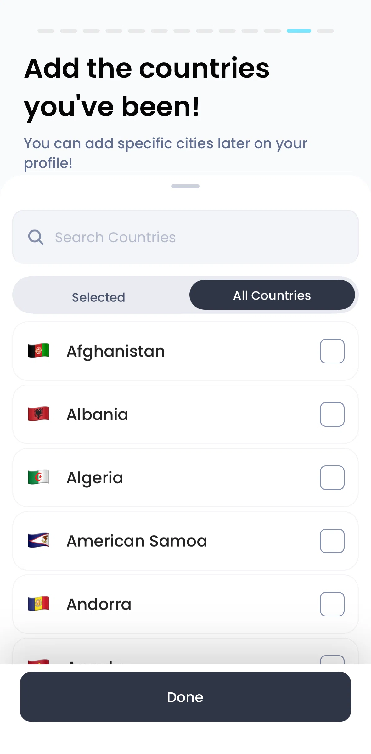 Pangea Screen screen in the Adding countries flow