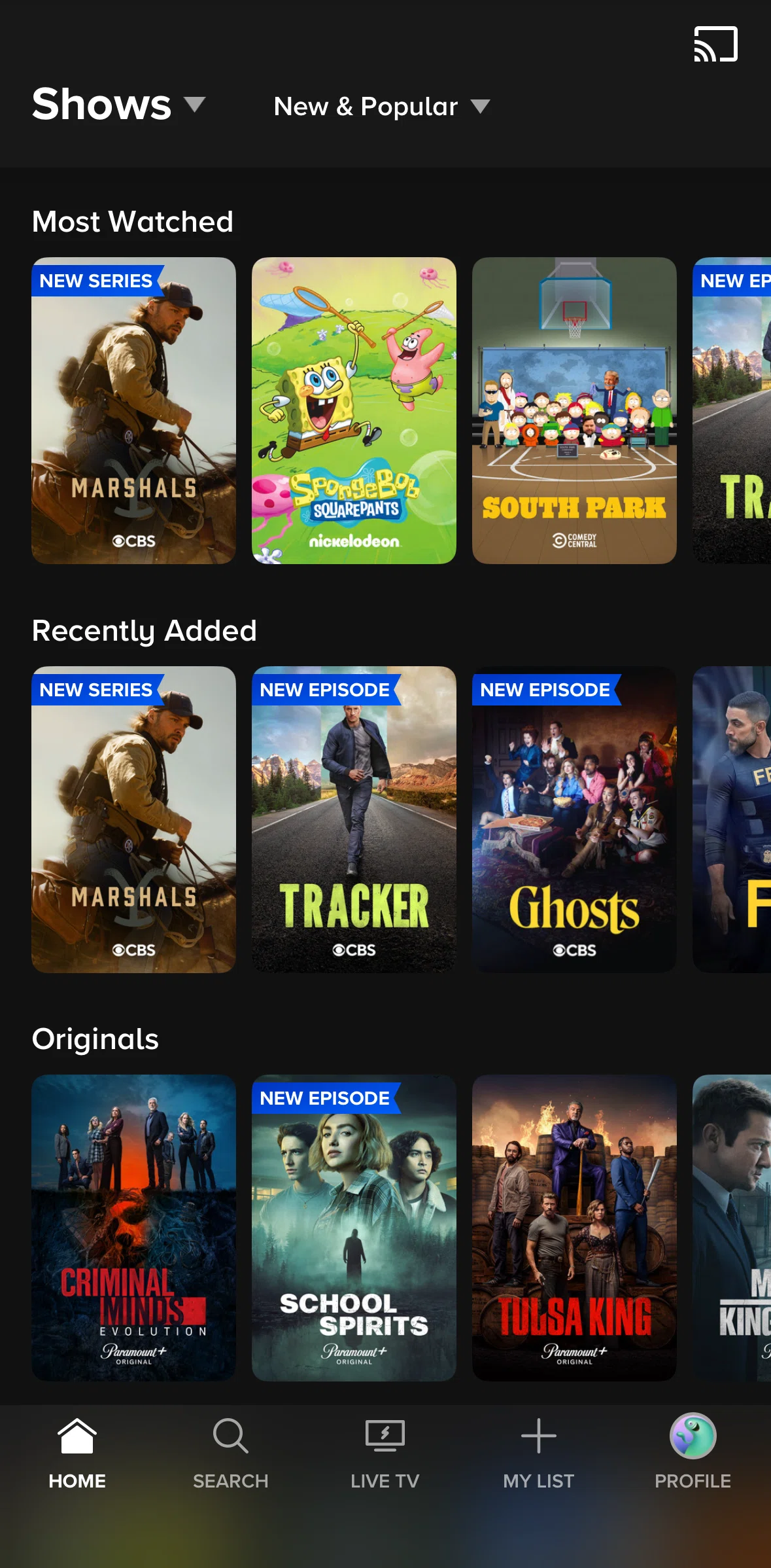 Paramount+ Screen screen in the Filtering by genre flow