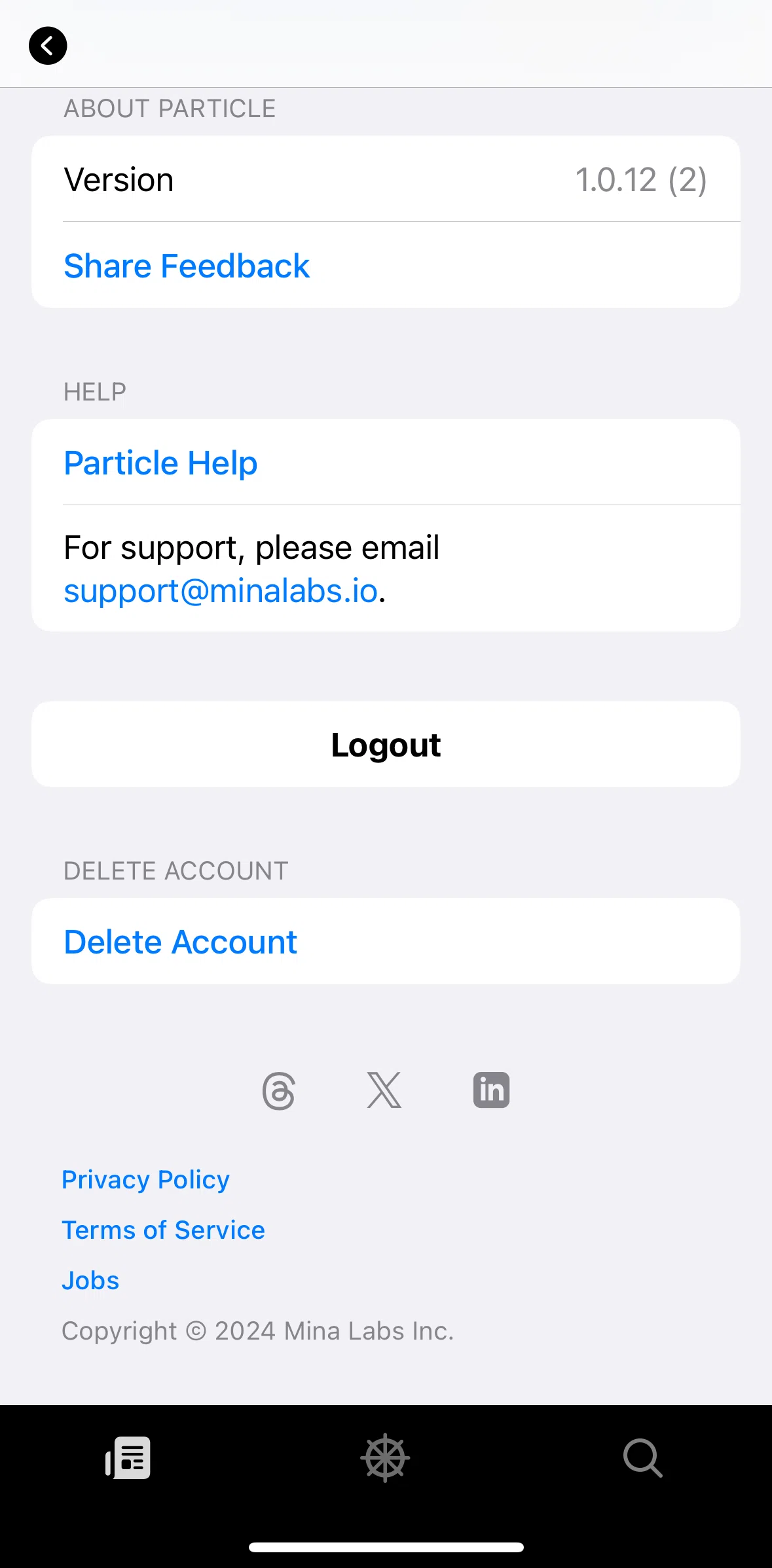 Particle News Screen screen in the Logging out flow