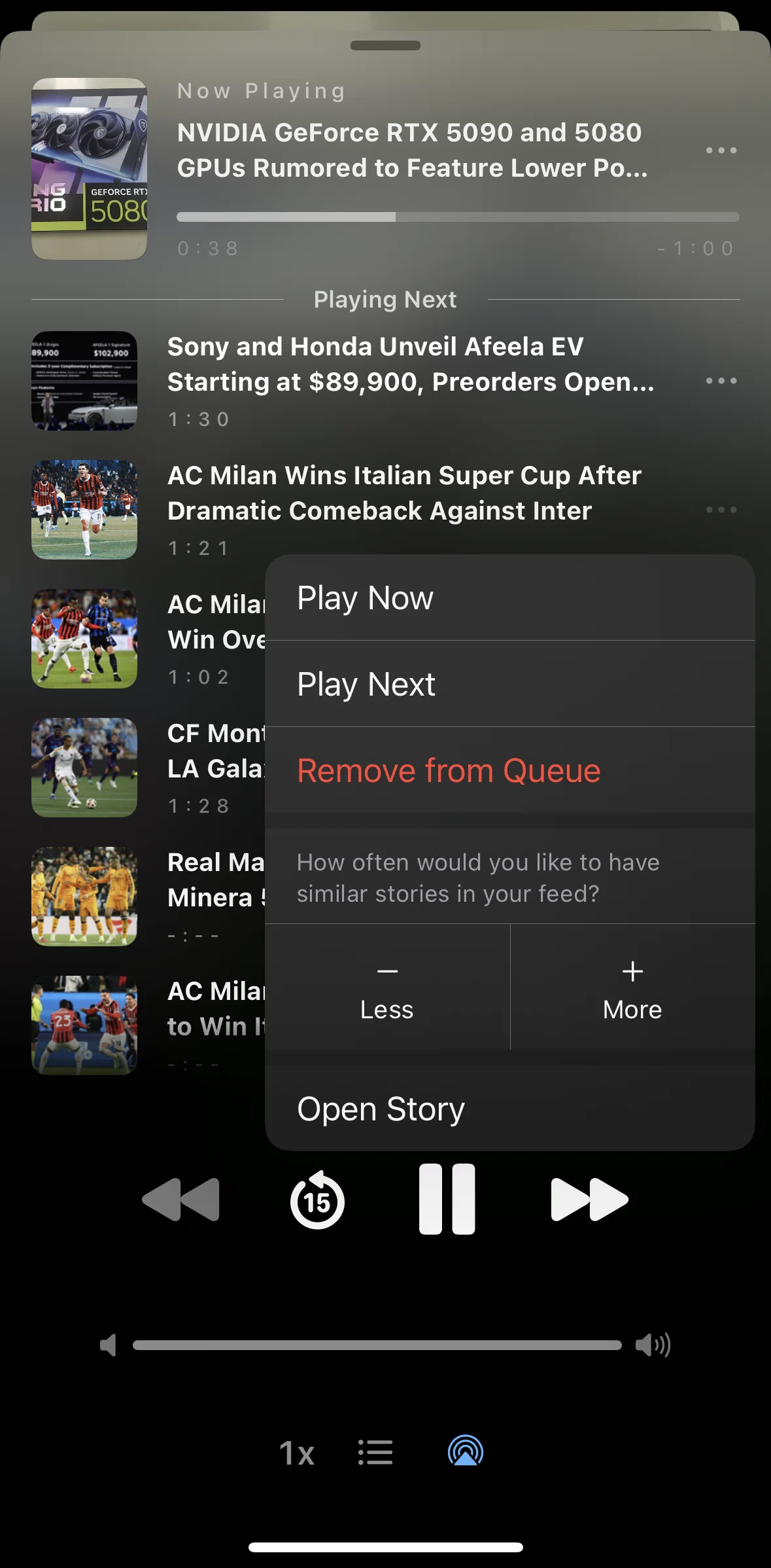 Particle News Screen screen in the Removing a story from queue flow