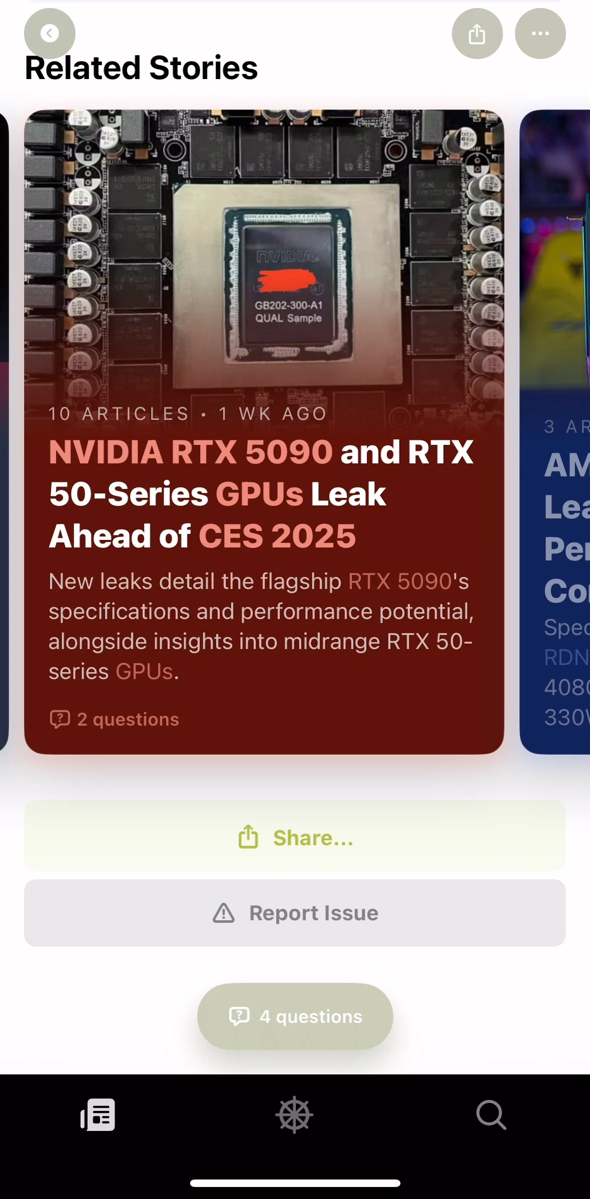 Particle News Screen screen in the Reporting an issue flow