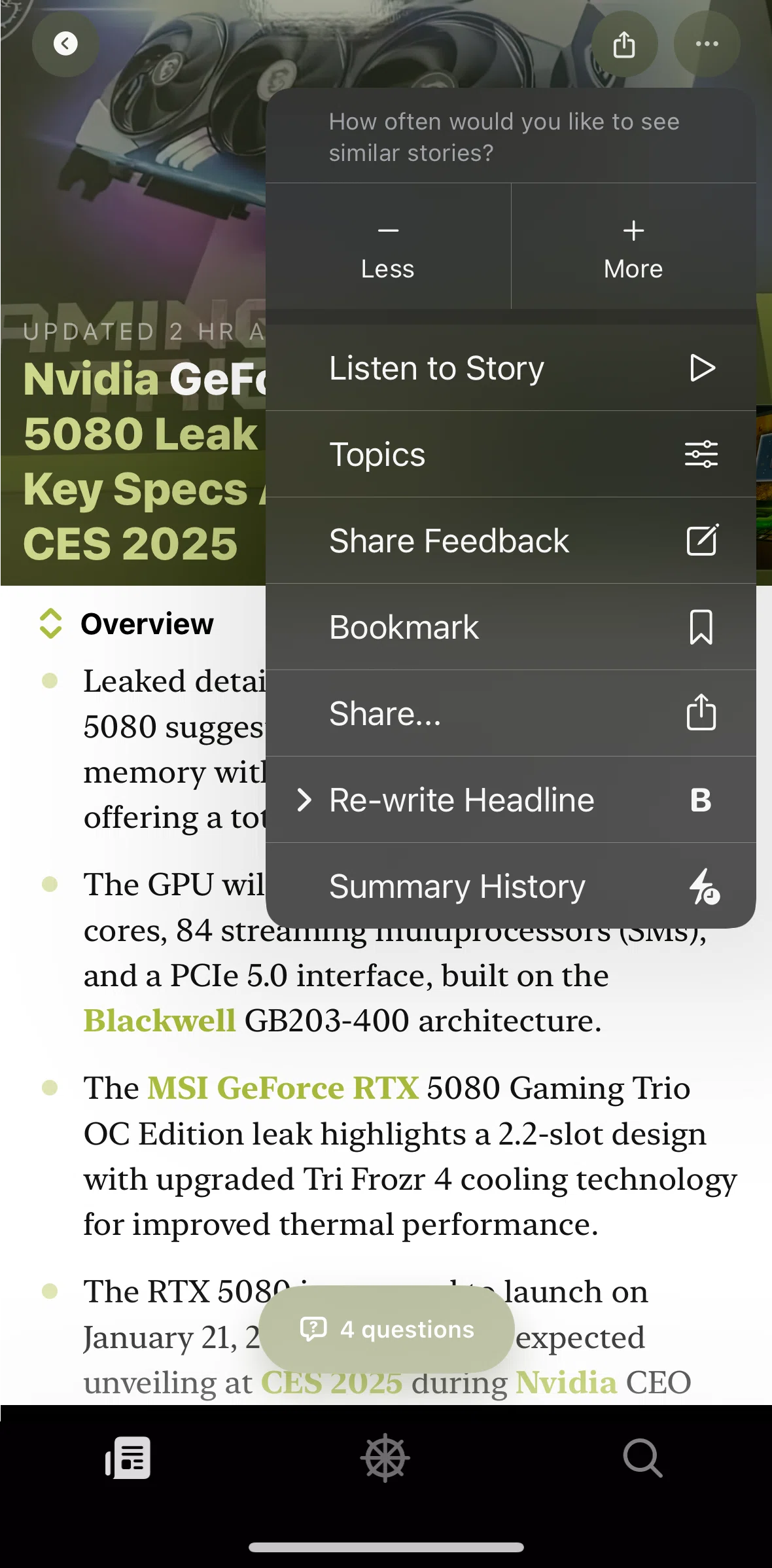 Particle News Screen screen in the Rewriting headline flow