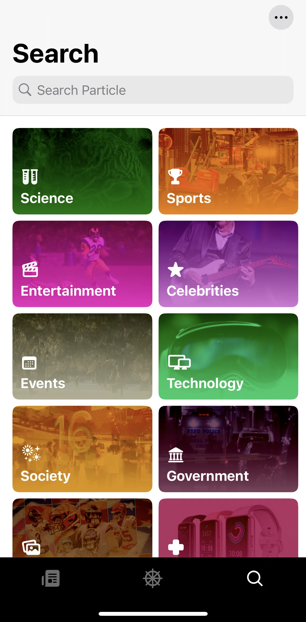Particle News Screen screen in the Searching Particle flow