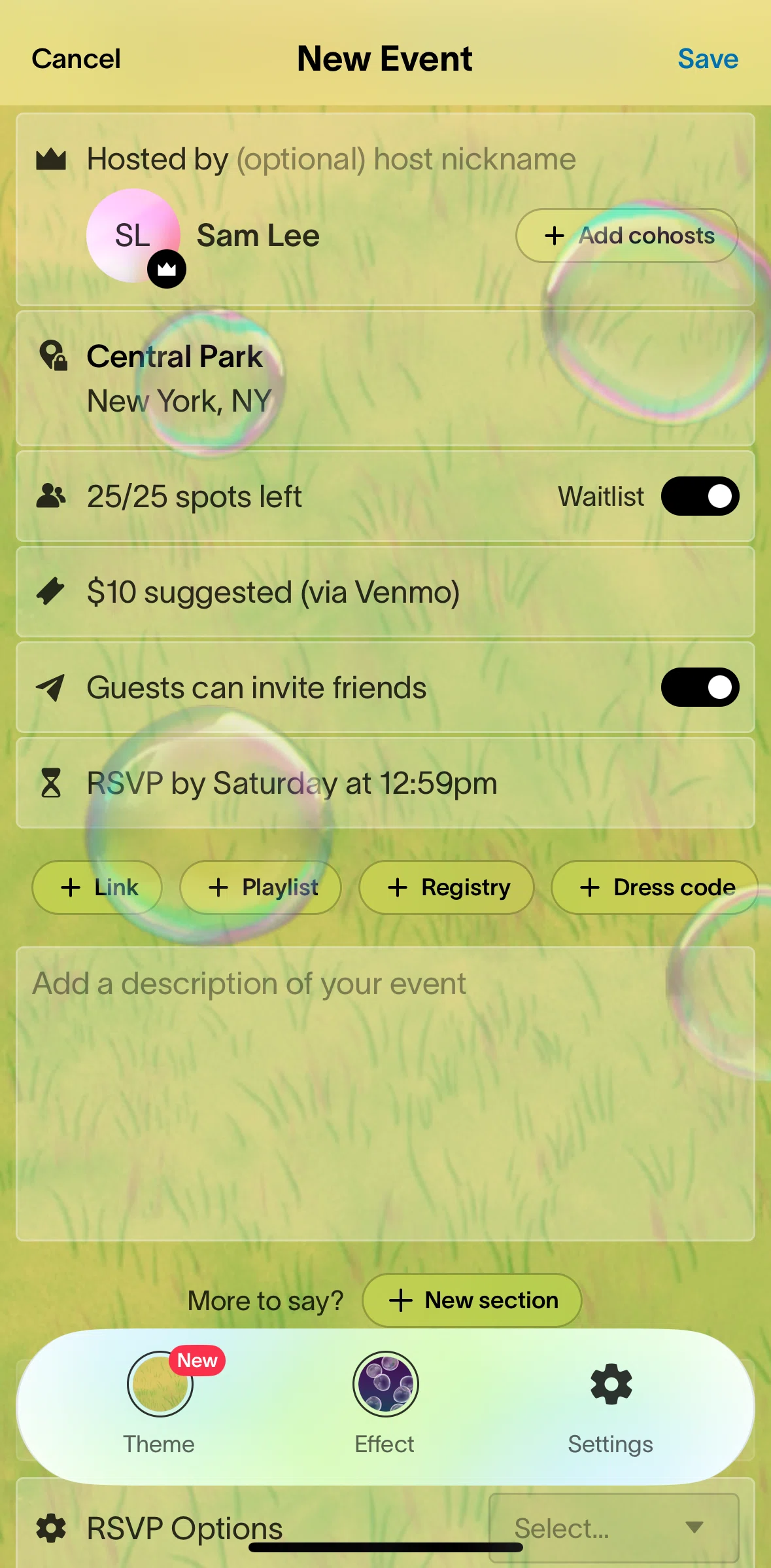 Partiful Screen screen in the Adding a custom field flow