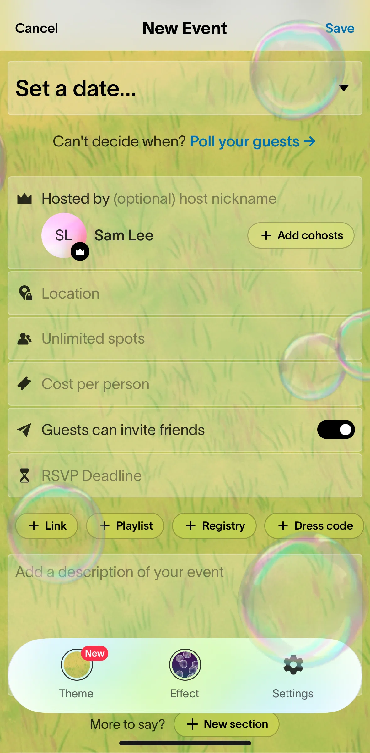 Partiful Screen screen in the Adding a date flow