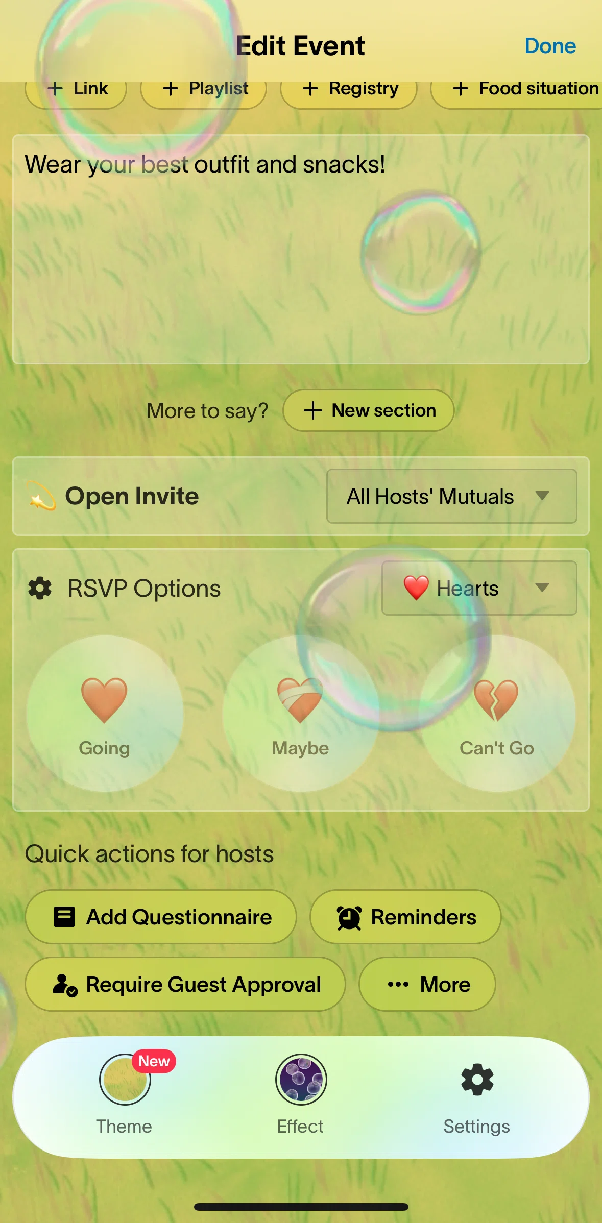 Partiful Screen screen in the Adding a questionaire flow