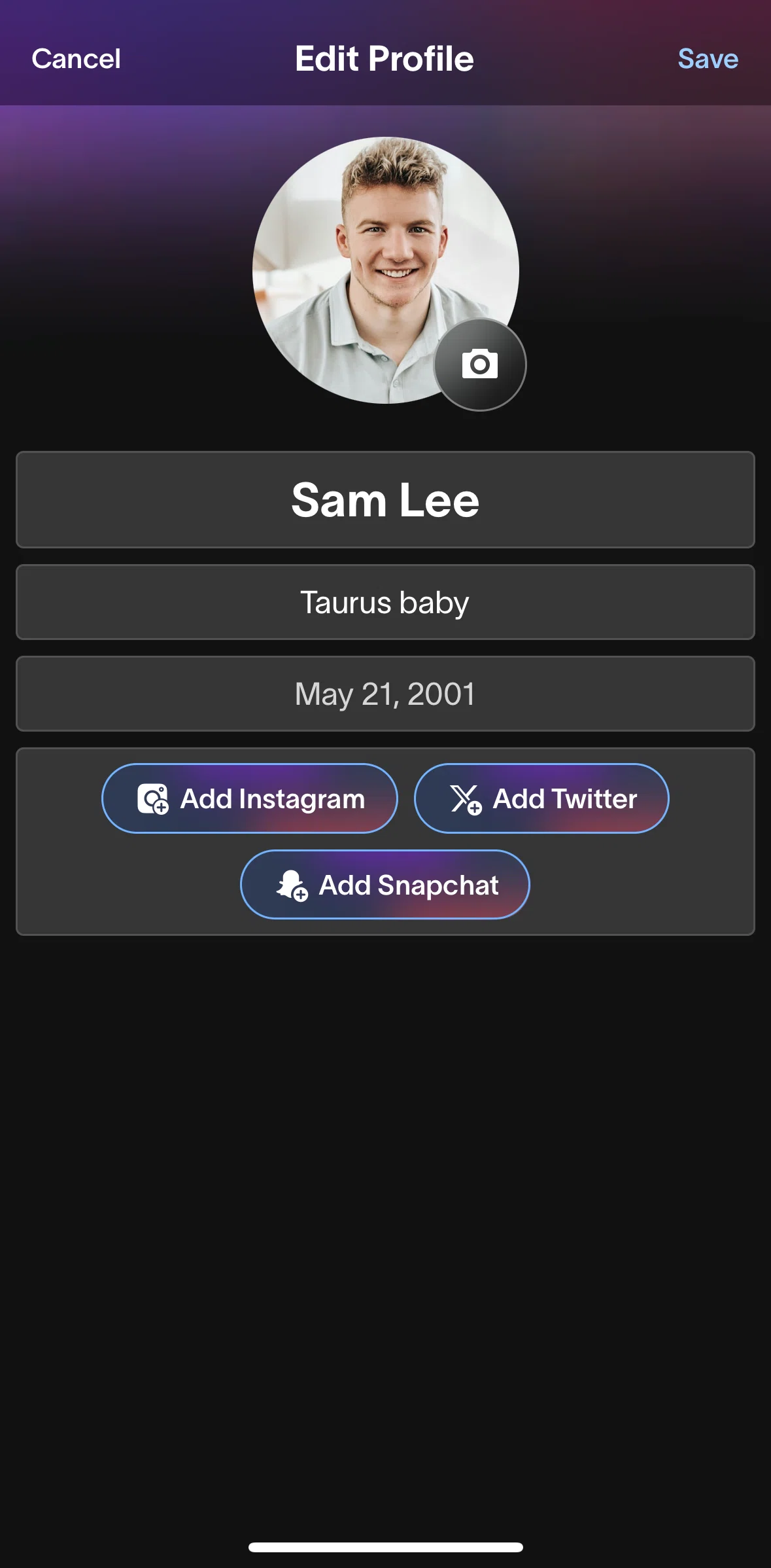 Partiful Screen screen in the Adding a social flow
