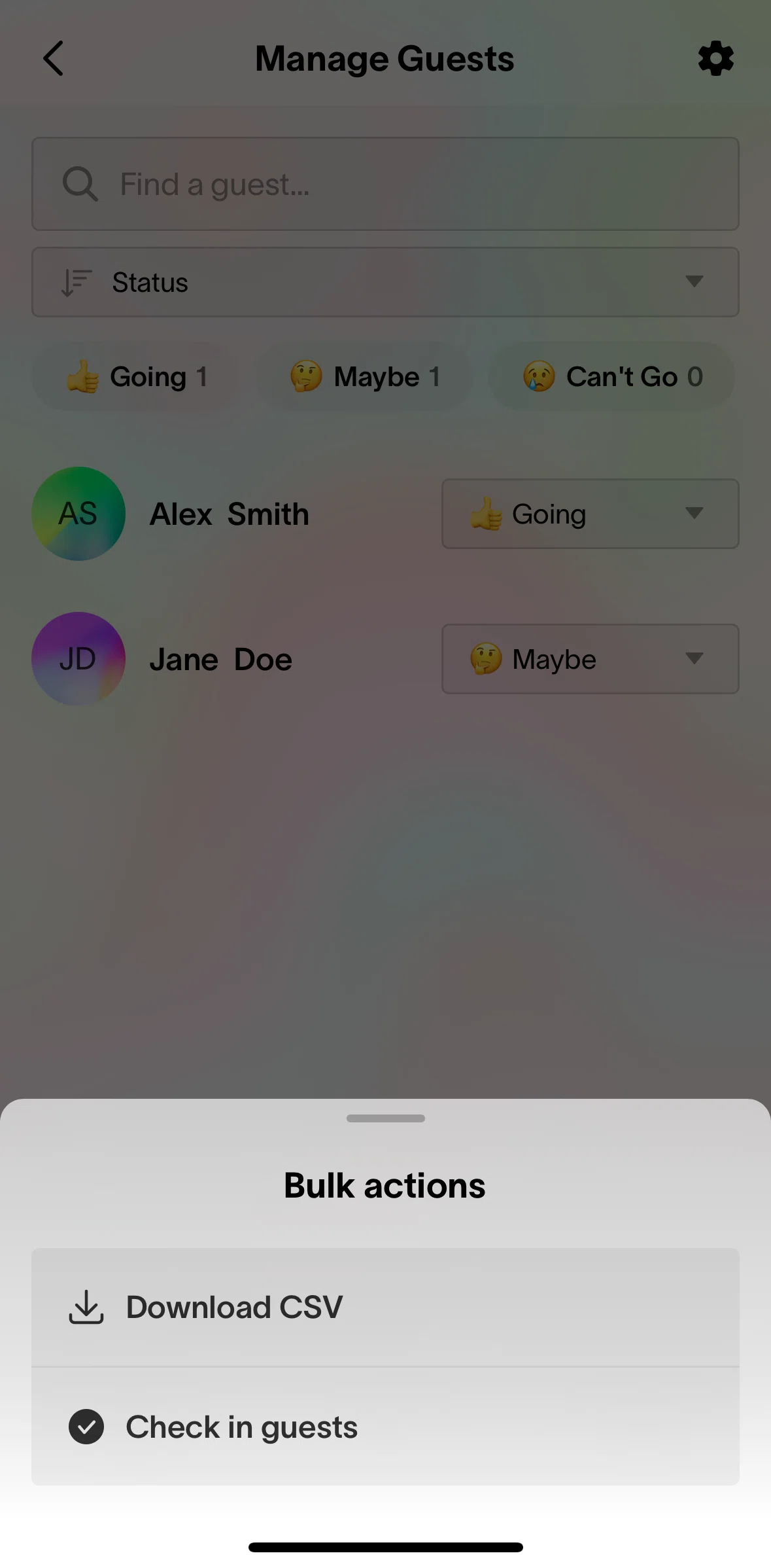 Partiful Screen screen in the Checking in a guest flow