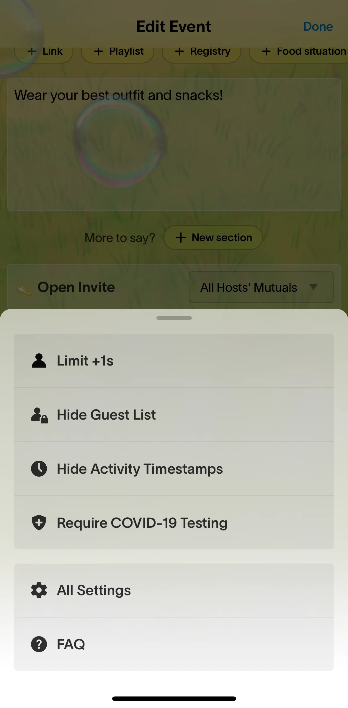 Partiful Screen screen in the Editing Covid-19 safety settings flow