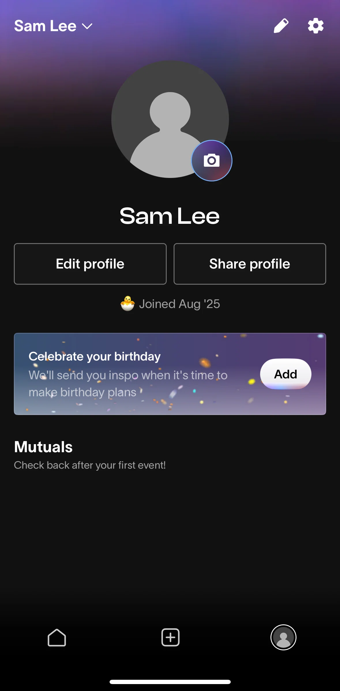 Partiful Screen screen in the Editing profile flow